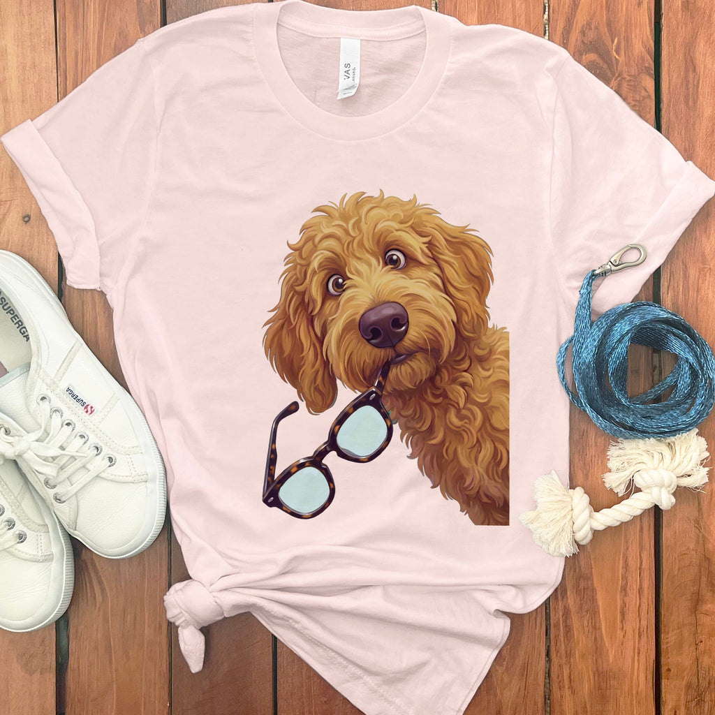 Apricot Stolen Glasses Goldendoodle T-Shirt in Soft Pink / S by Puppy Jo