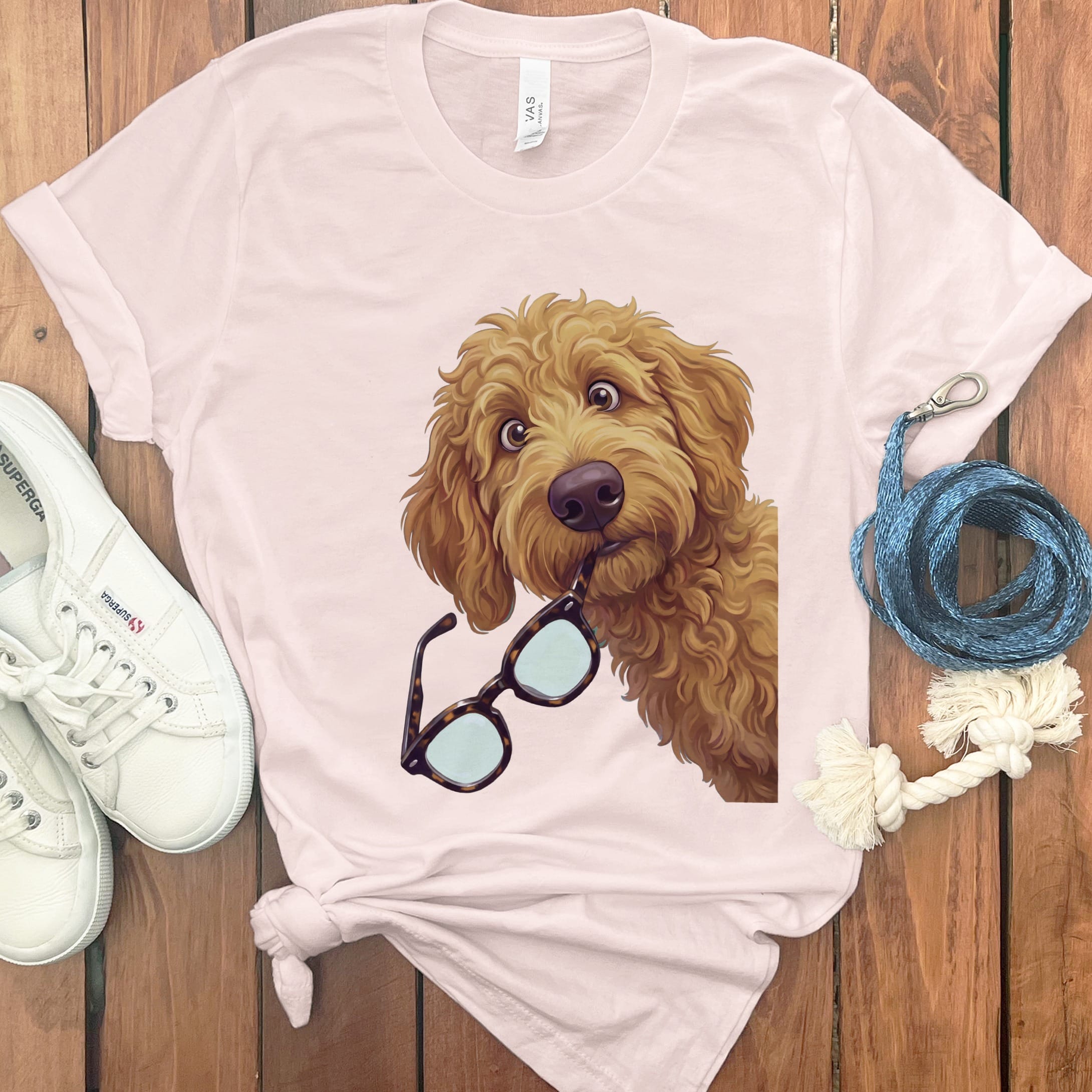 Apricot Stolen Glasses Goldendoodle T-Shirt in Soft Pink / S by Puppy Jo