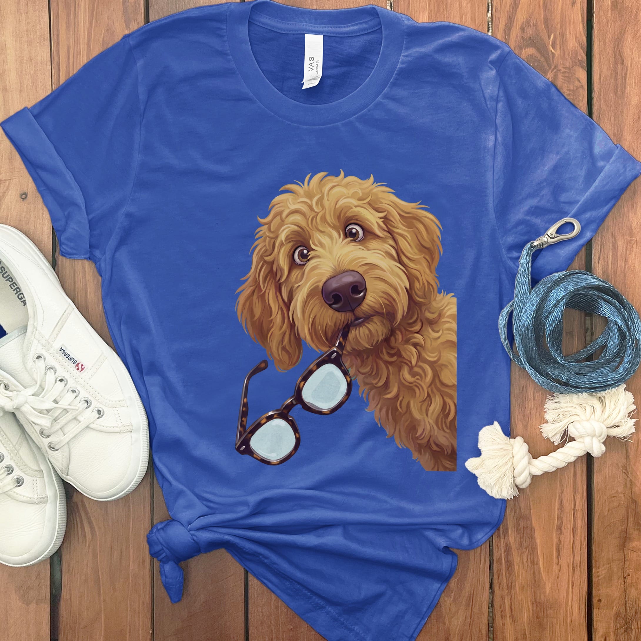 Apricot Stolen Glasses Goldendoodle T-Shirt in True Royal / S by Puppy Jo