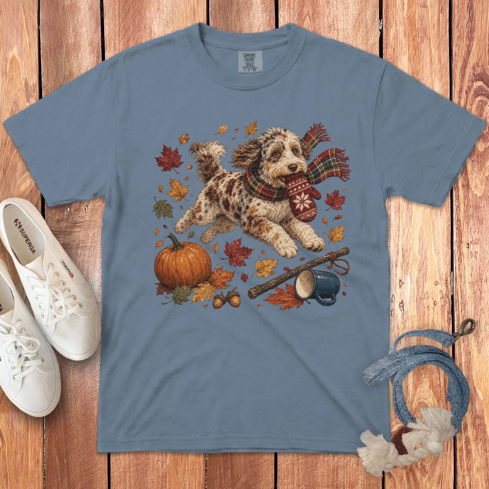 Aussiedoodle Autumn Zoomies Signature T-Shirt in Blue Jean / S by Puppy Jo