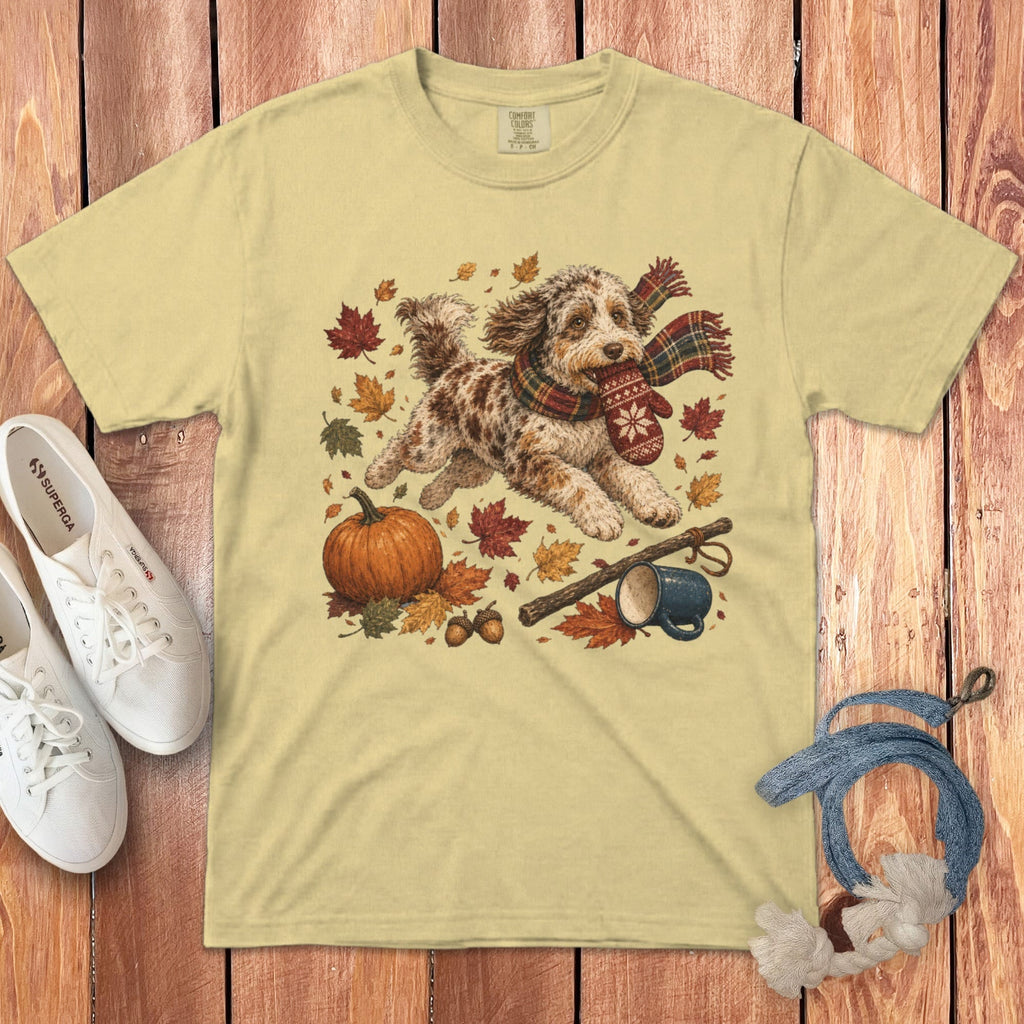 Aussiedoodle Autumn Zoomies Signature T-Shirt in Butter / S by Puppy Jo
