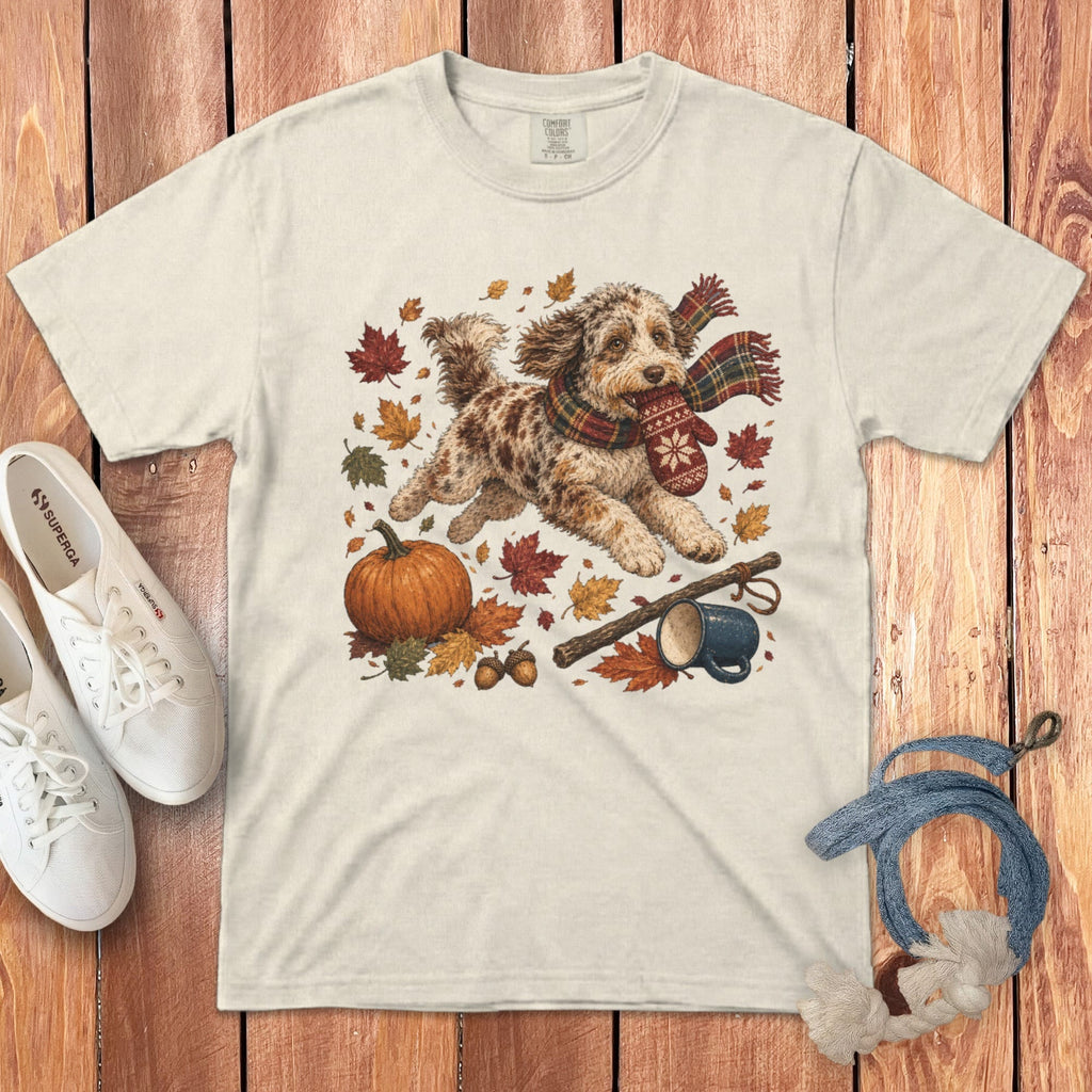 Aussiedoodle Autumn Zoomies Signature T-Shirt in Ivory / S by Puppy Jo