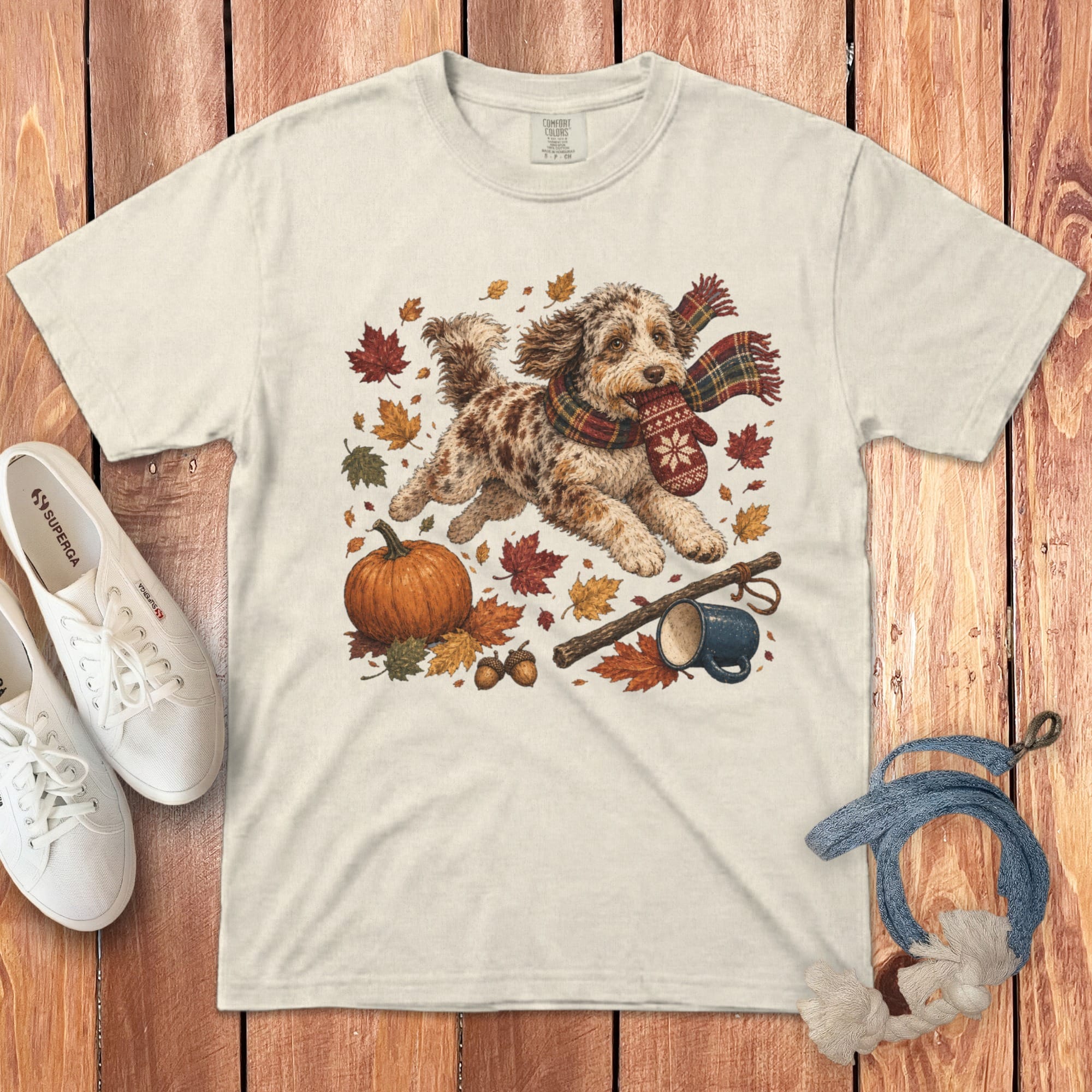 Aussiedoodle Autumn Zoomies Signature T-Shirt in Ivory / S by Puppy Jo