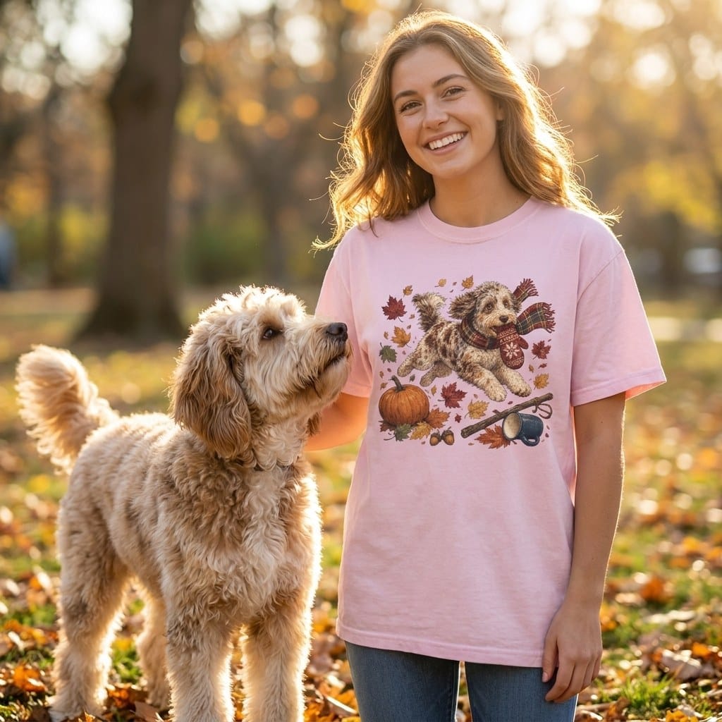 Aussiedoodle Autumn Zoomies Signature T-Shirt in by Puppy Jo
