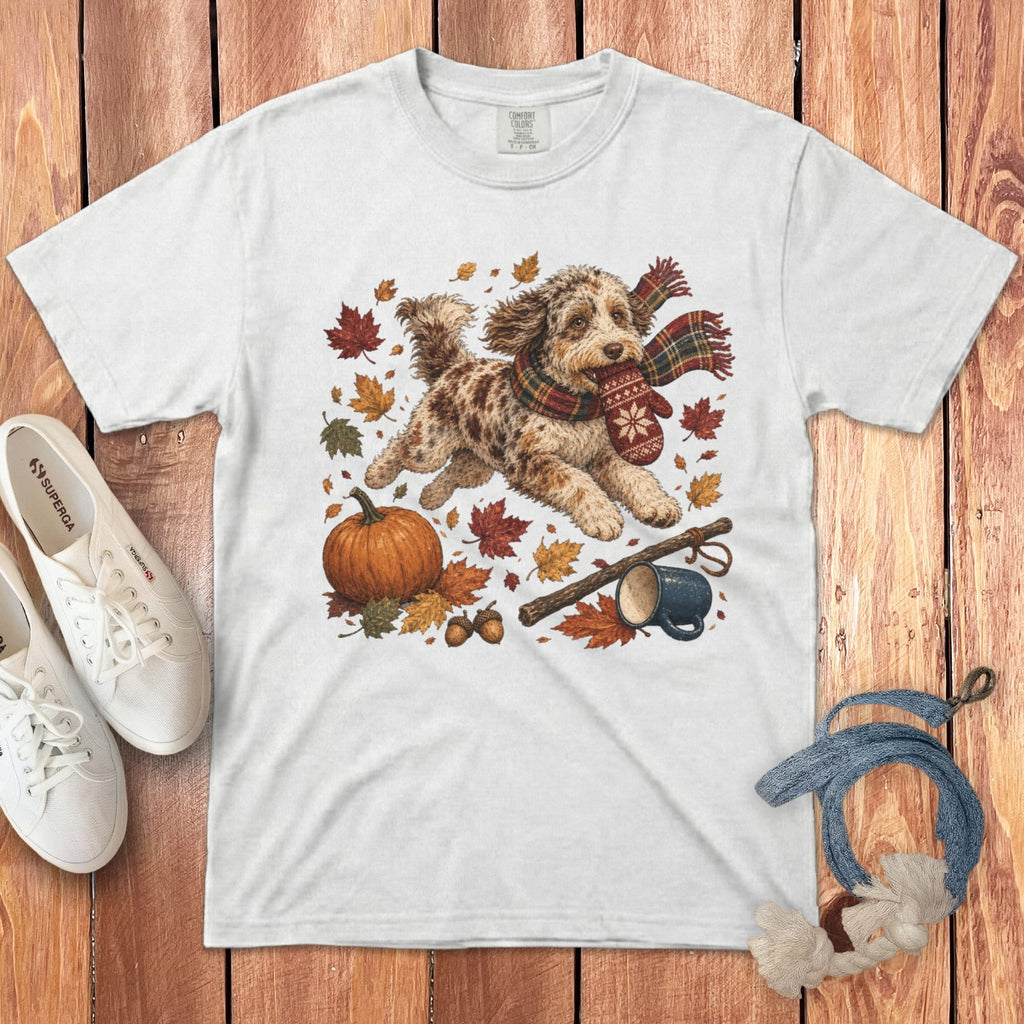 Aussiedoodle Autumn Zoomies Signature T-Shirt in White / S by Puppy Jo