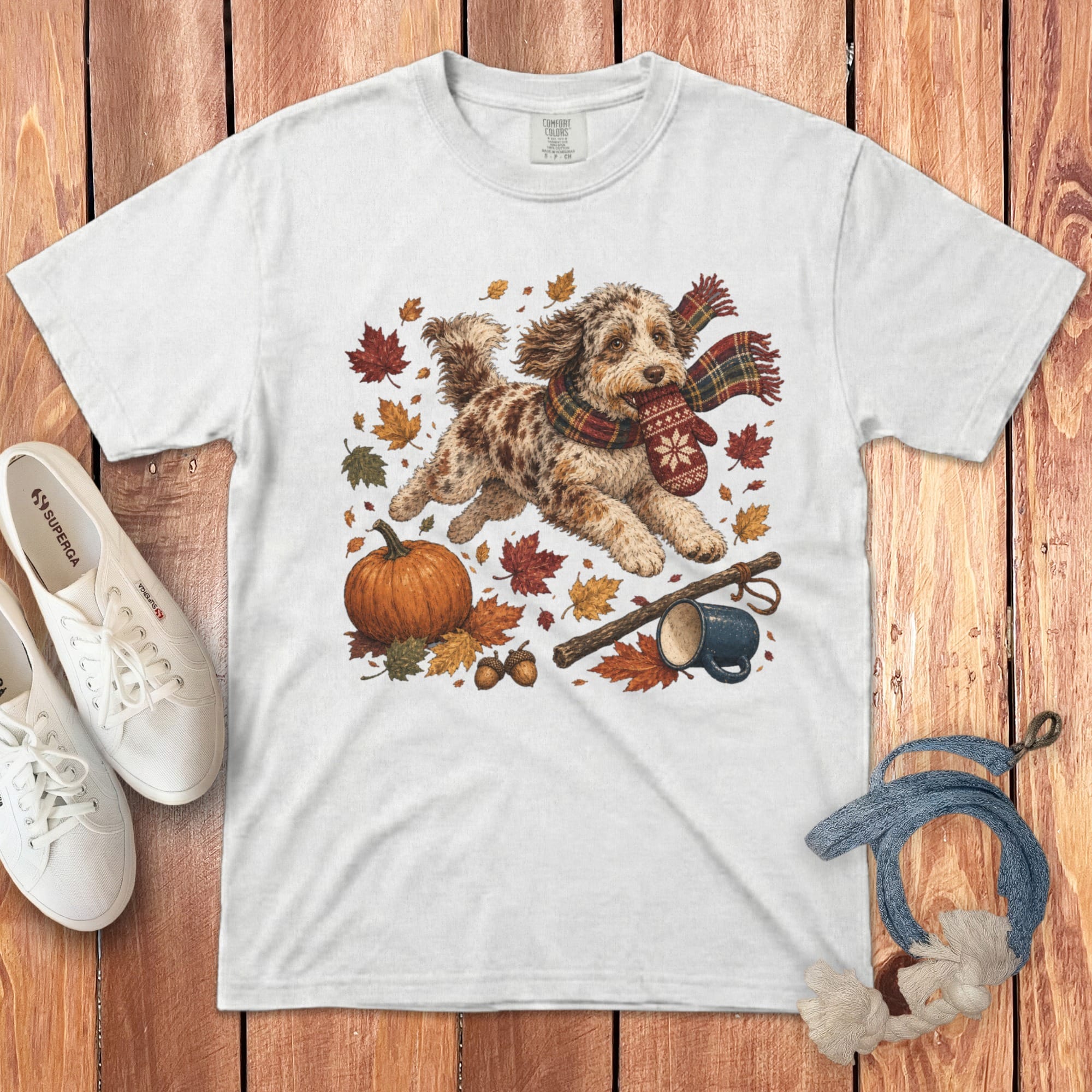 Aussiedoodle Autumn Zoomies Signature T-Shirt in White / S by Puppy Jo