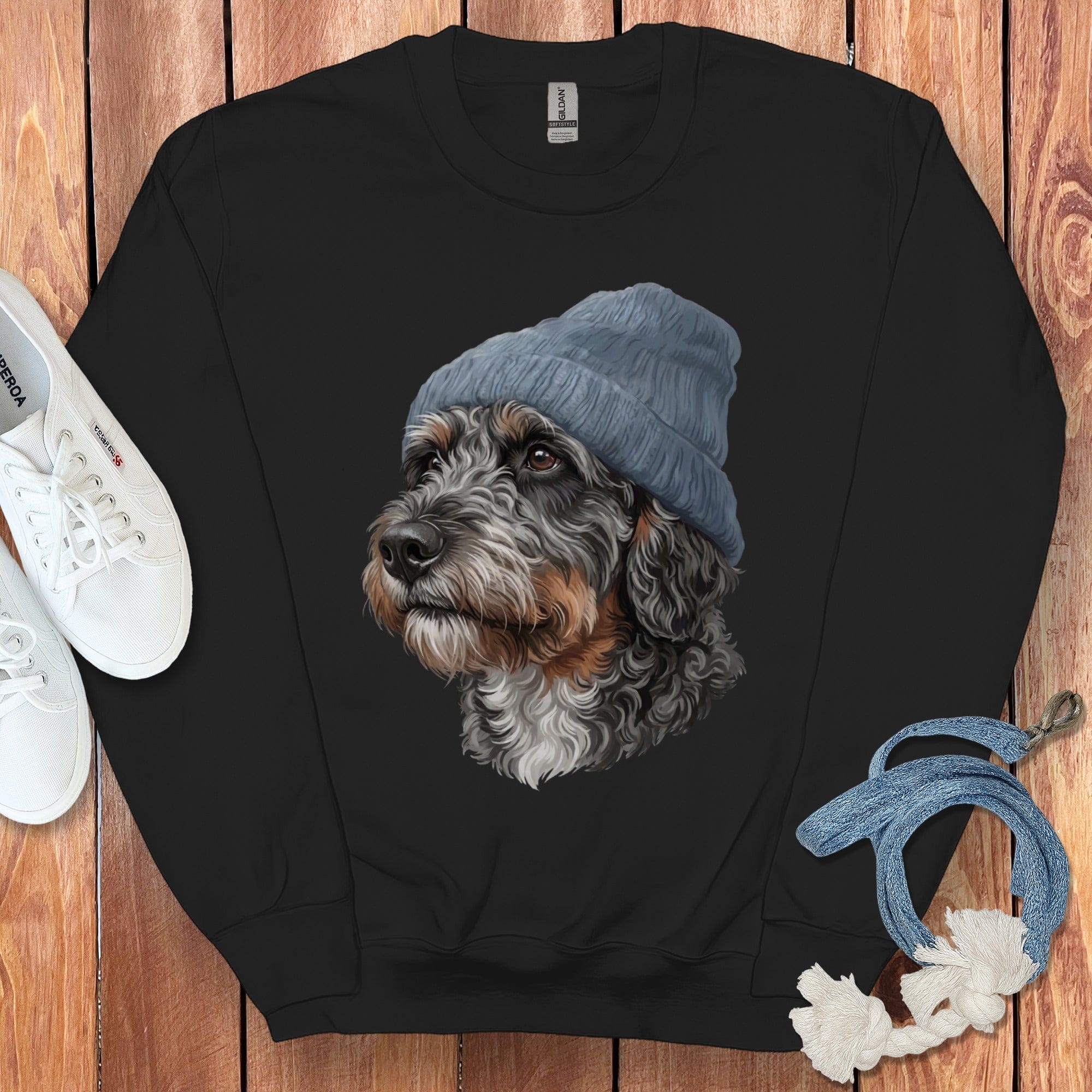 Aussiedoodle Blue Cap Sweatshirt in Black / M / Sweatshirts #1 by Puppy Jo