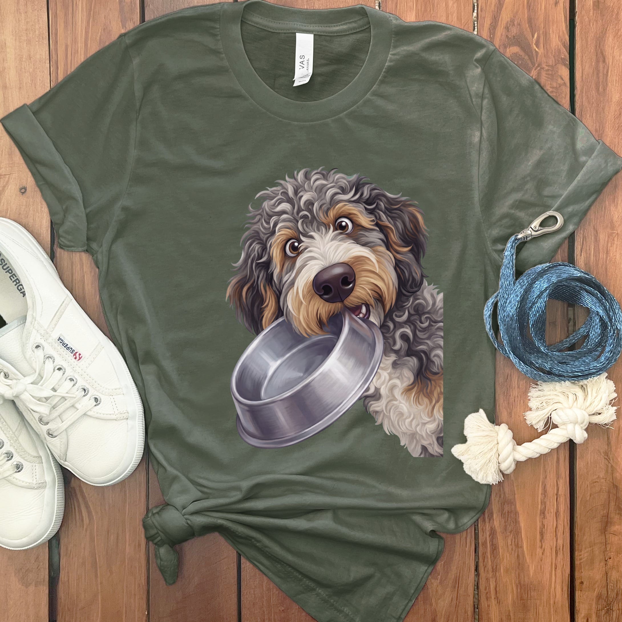 Aussiedoodle Bowl T-Shirt in Military Green / S by Puppy Jo