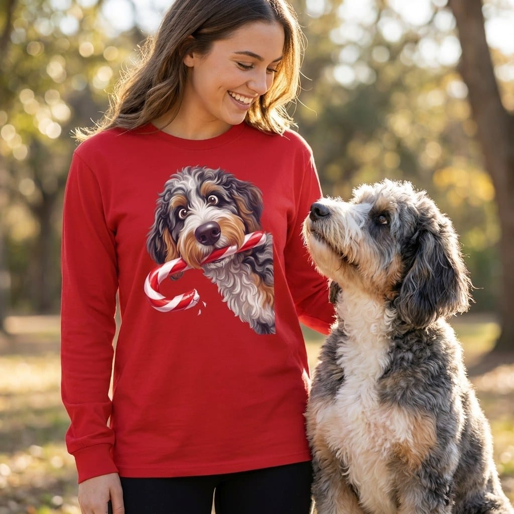 Aussiedoodle Candy Cane Thief Long Sleeve T-Shirt in by Puppy Jo