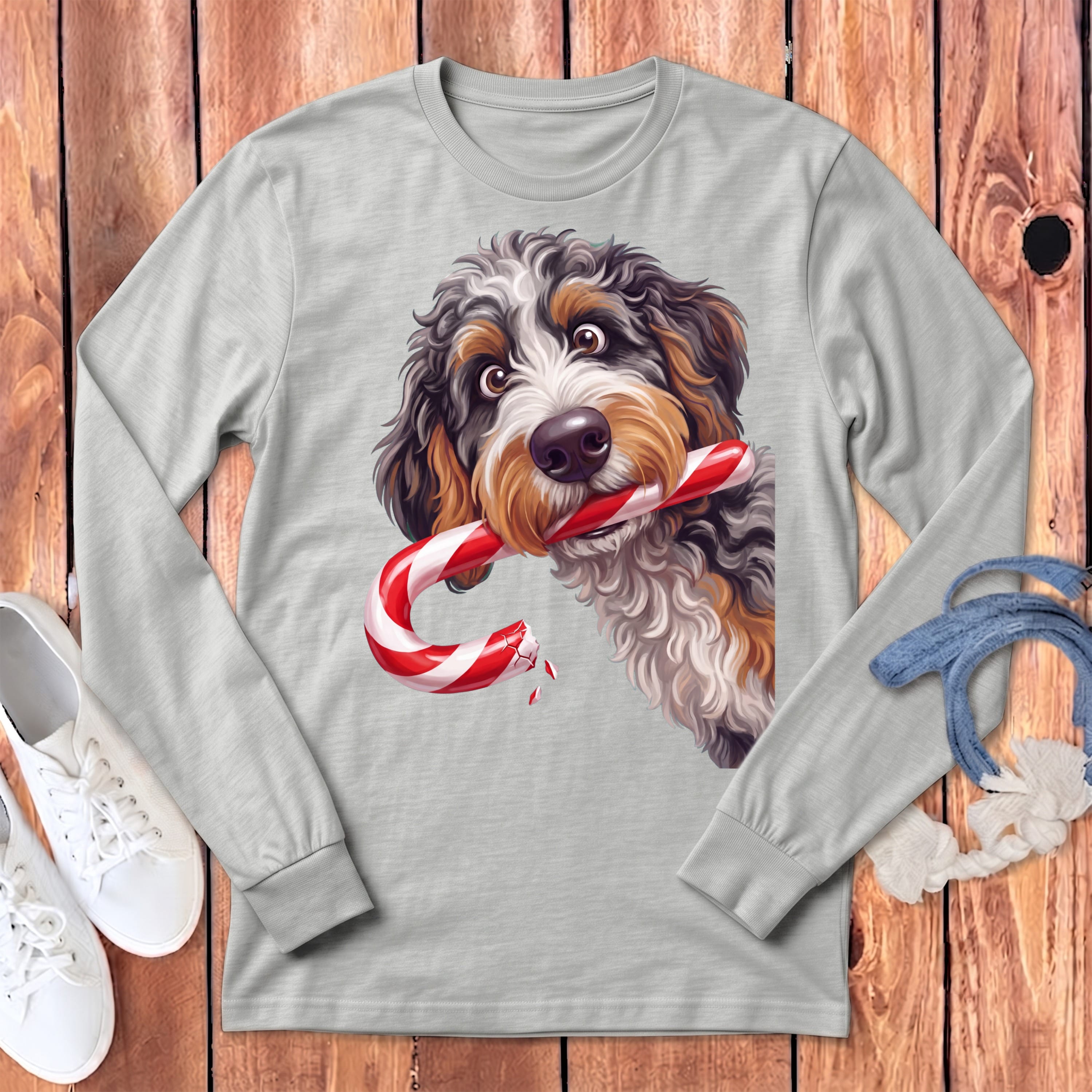 Aussiedoodle Candy Cane Thief Long Sleeve T-Shirt in S / Athletic Heather by Puppy Jo