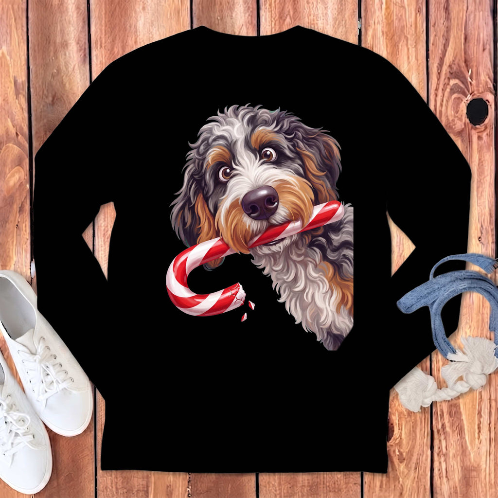 Aussiedoodle Candy Cane Thief Long Sleeve T-Shirt in S / Black by Puppy Jo