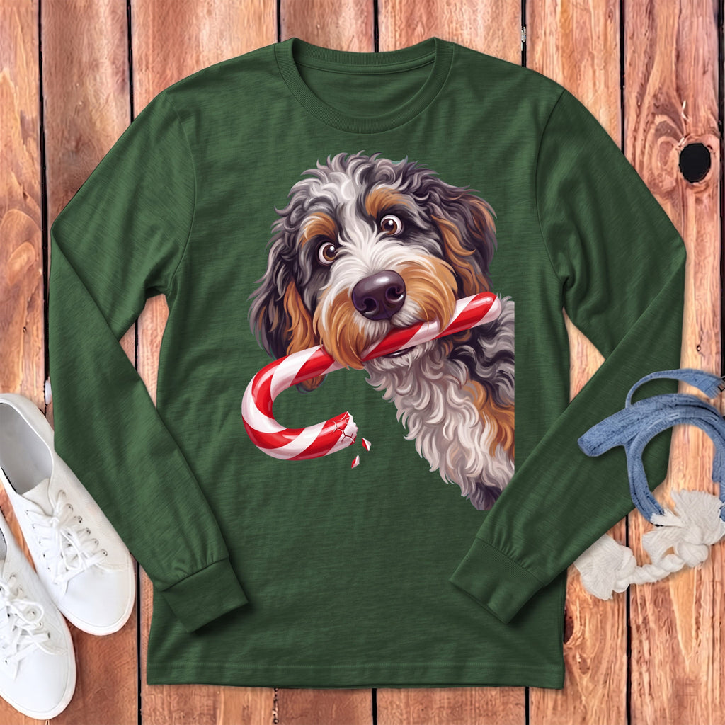 Aussiedoodle Candy Cane Thief Long Sleeve T-Shirt in S / Heather Forest by Puppy Jo