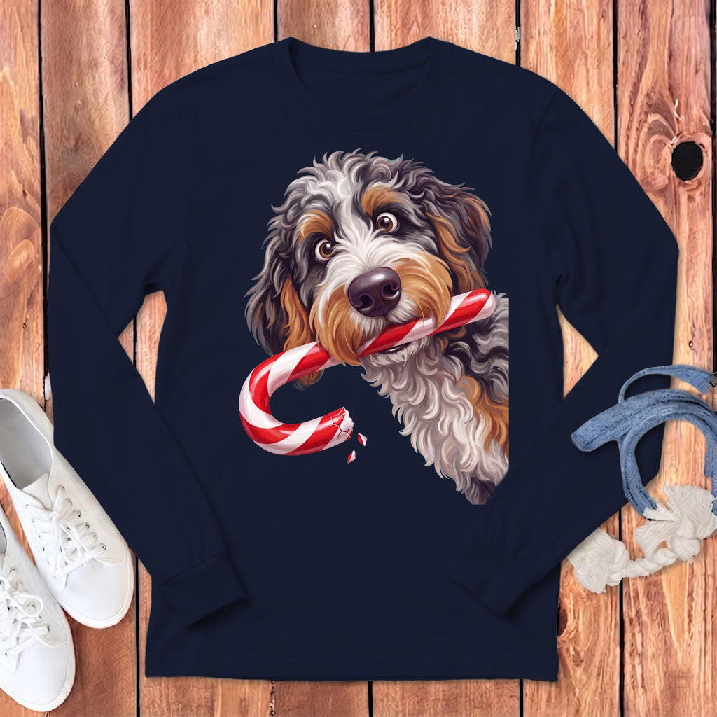 Aussiedoodle Candy Cane Thief Long Sleeve T-Shirt in S / Navy by Puppy Jo