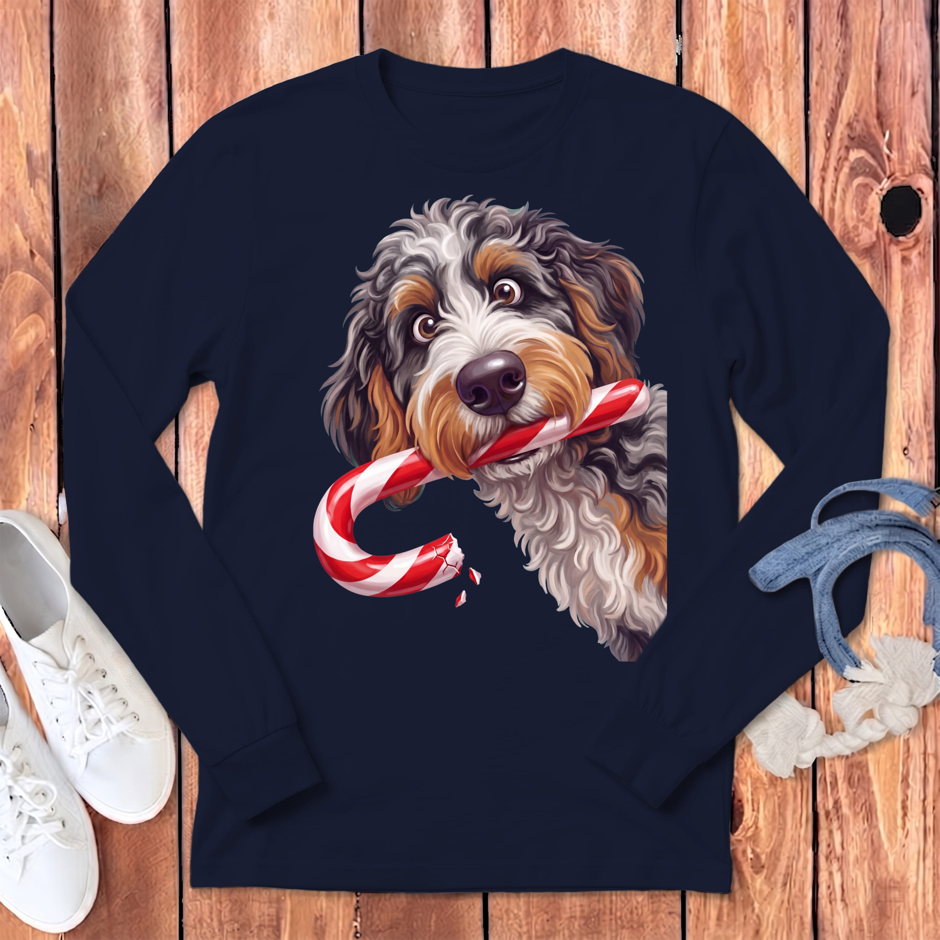 Aussiedoodle Candy Cane Thief Long Sleeve T-Shirt in S / Navy by Puppy Jo