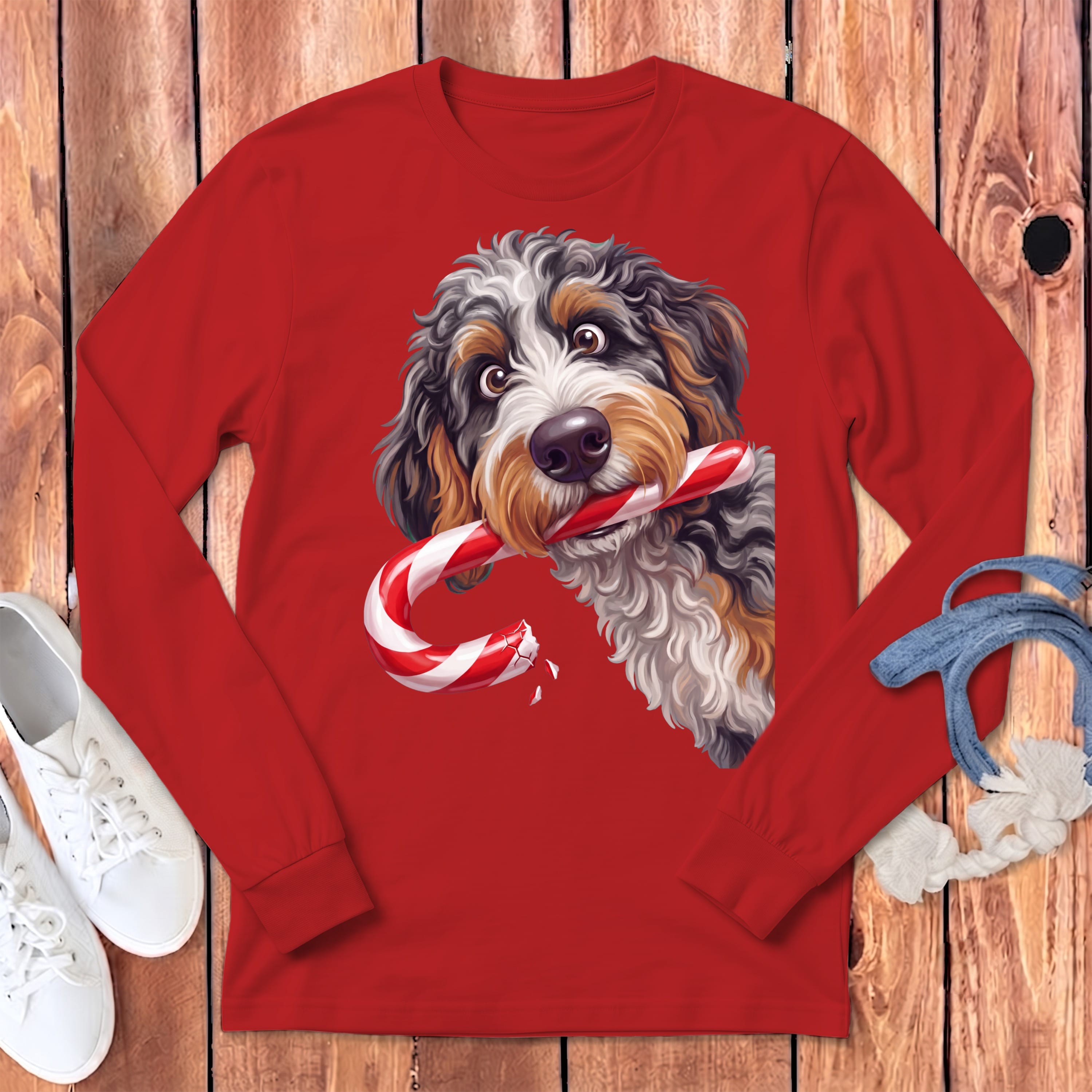 Aussiedoodle Candy Cane Thief Long Sleeve T-Shirt in S / Red by Puppy Jo