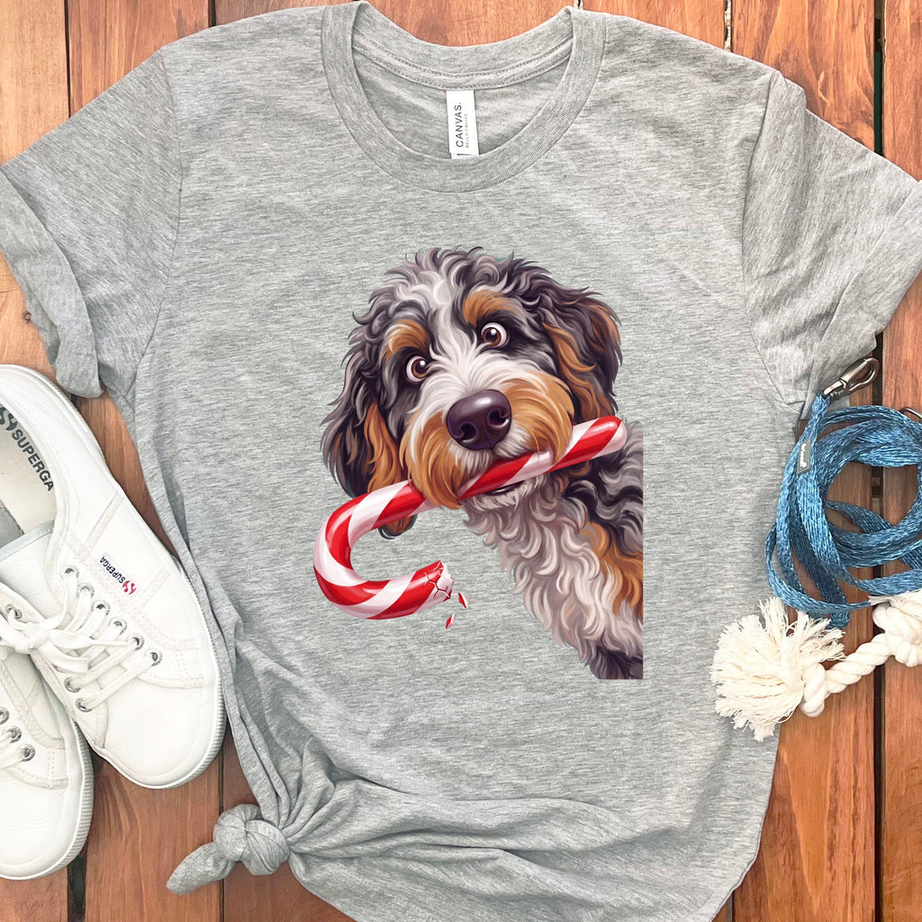 Aussiedoodle Candy Cane Thief T-Shirt in Athletic Heather / S by Puppy Jo