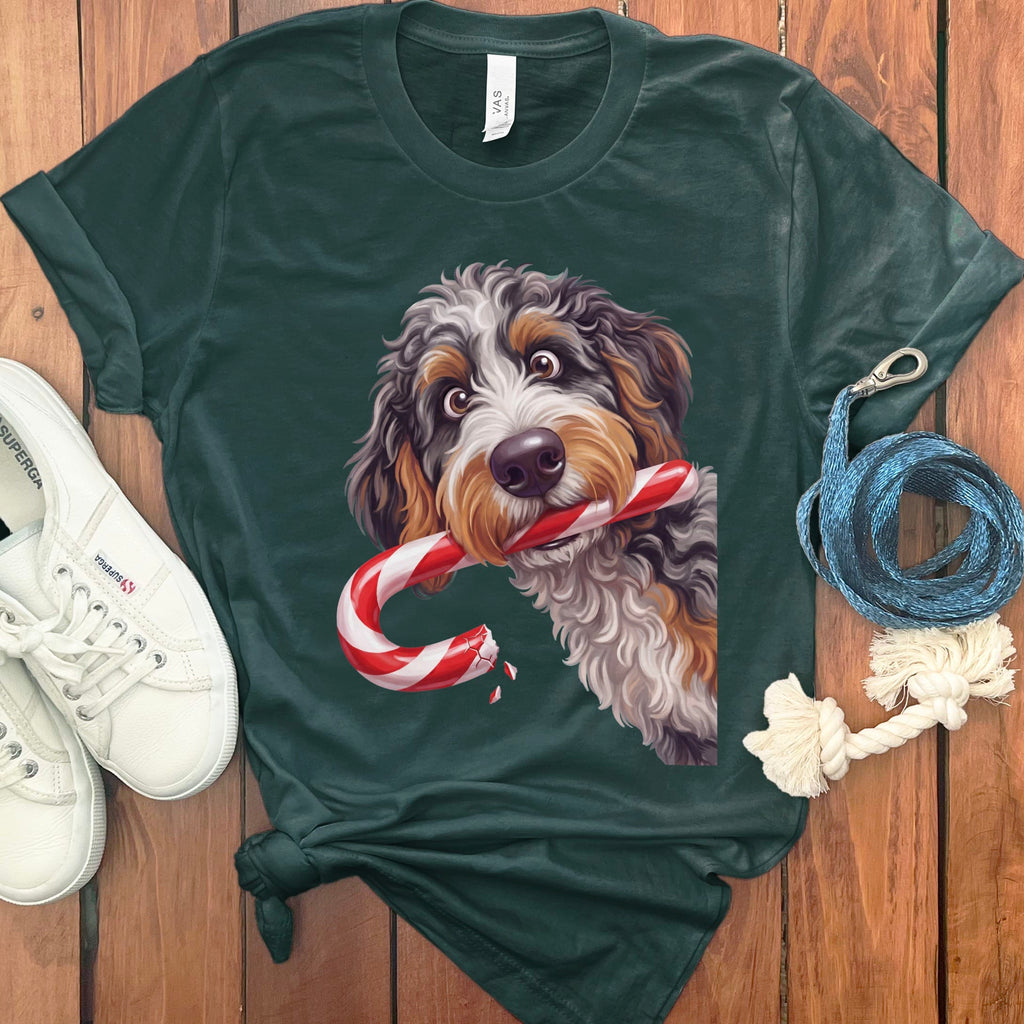 Aussiedoodle Candy Cane Thief T-Shirt in Forest / S by Puppy Jo