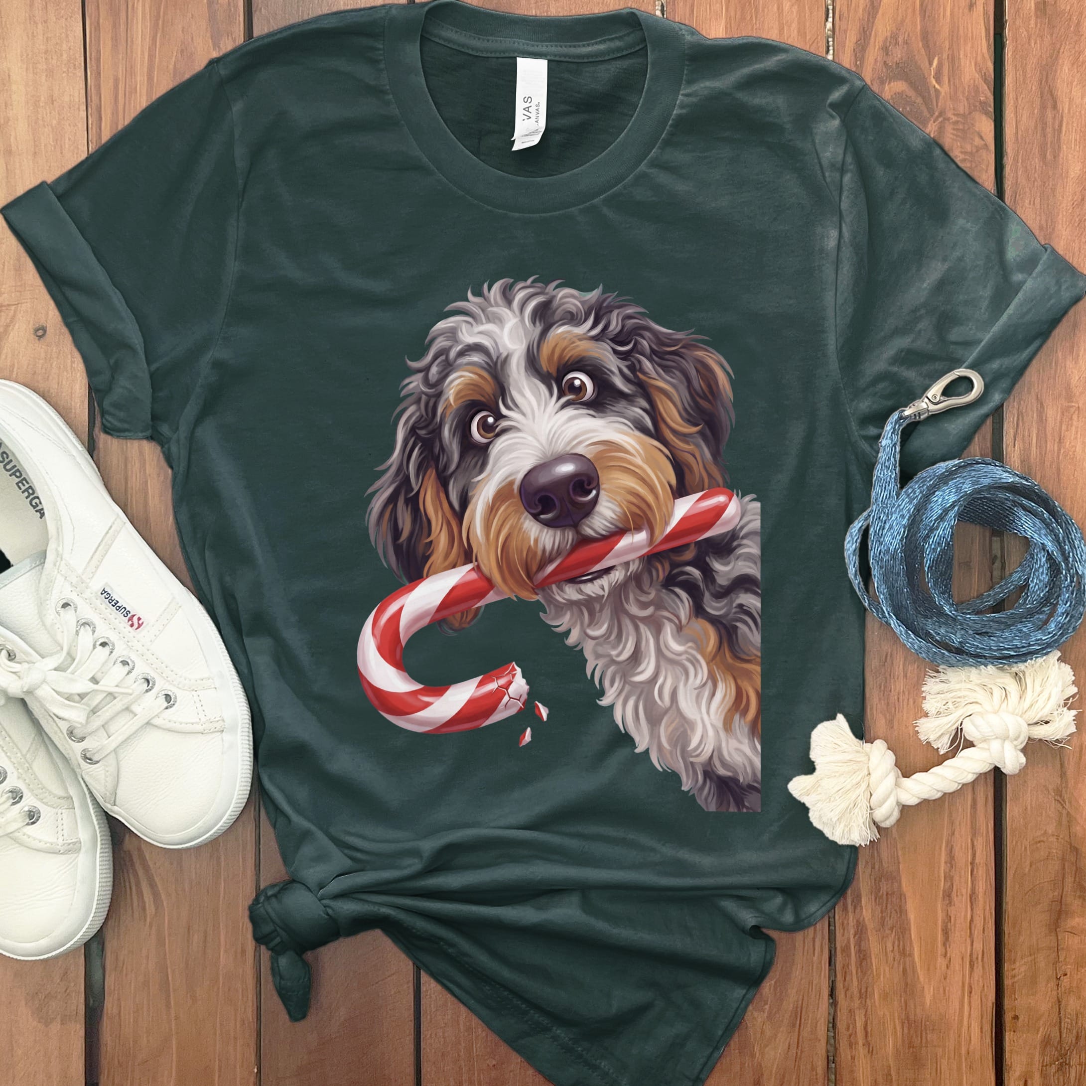 Aussiedoodle Candy Cane Thief T-Shirt in Forest / S by Puppy Jo