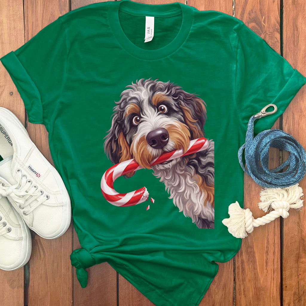 Aussiedoodle Candy Cane Thief T-Shirt in Kelly / S by Puppy Jo