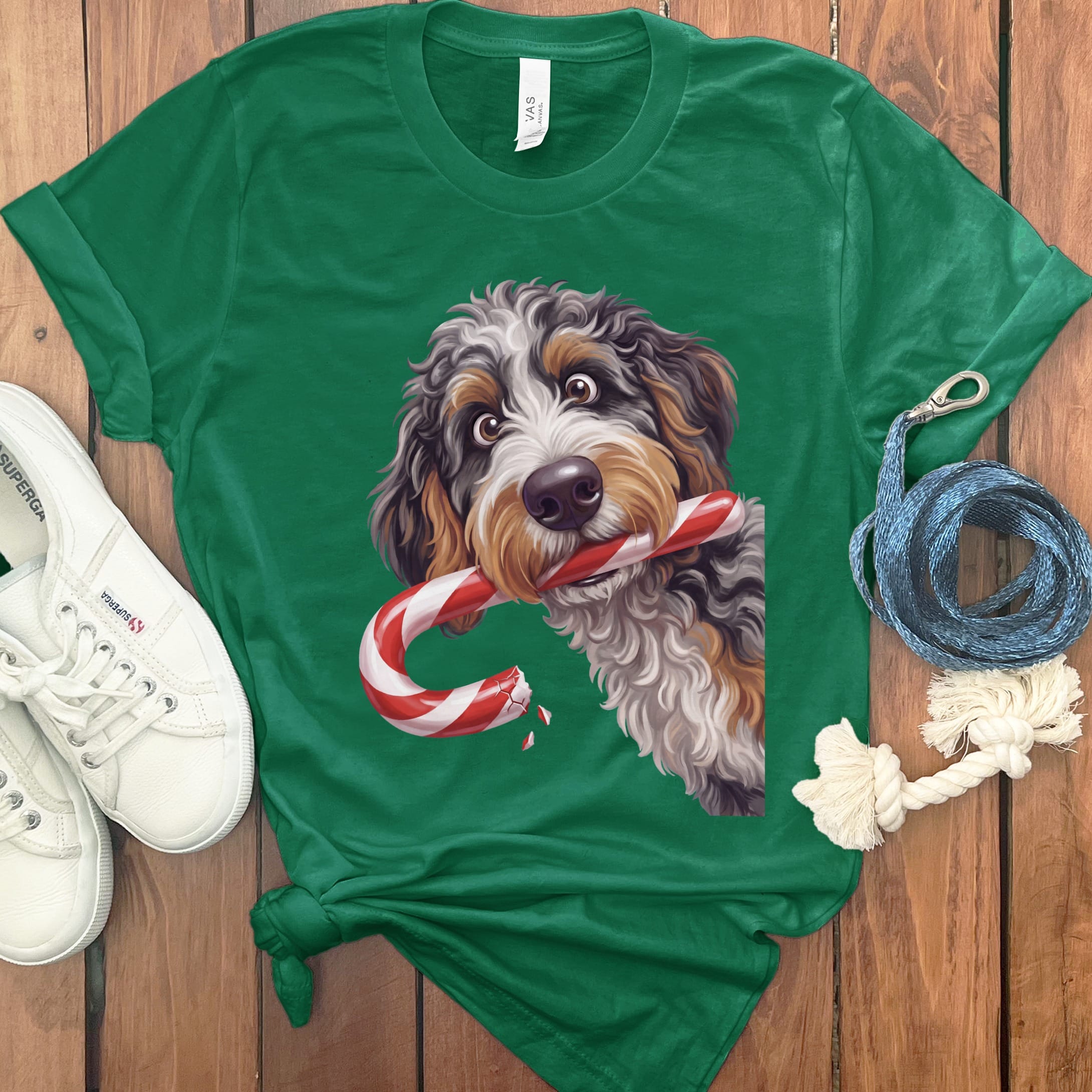 Aussiedoodle Candy Cane Thief T-Shirt in Kelly / S by Puppy Jo