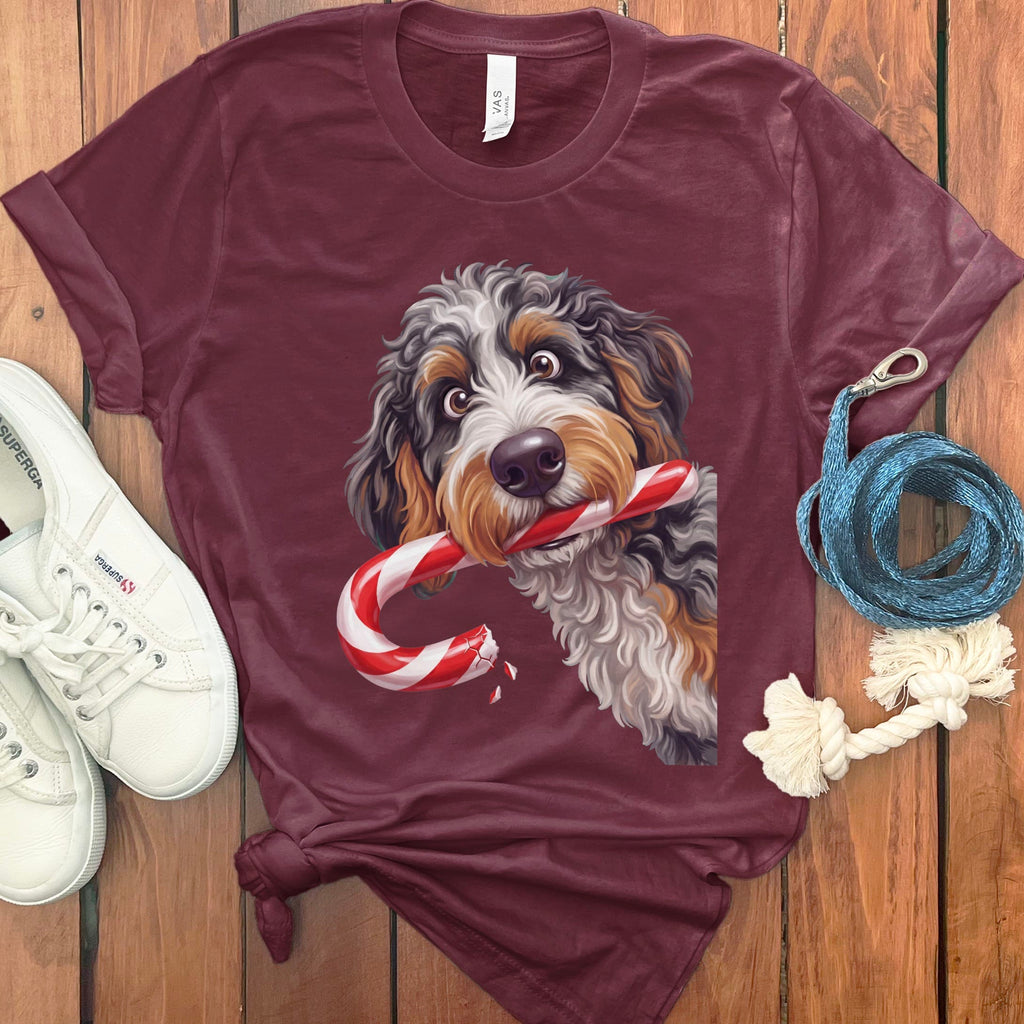 Aussiedoodle Candy Cane Thief T-Shirt in Maroon / S by Puppy Jo
