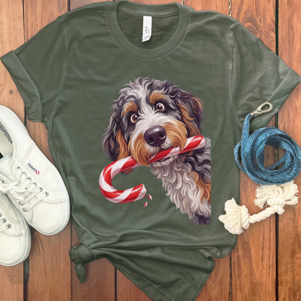 Aussiedoodle Candy Cane Thief T-Shirt in Military Green / S by Puppy Jo