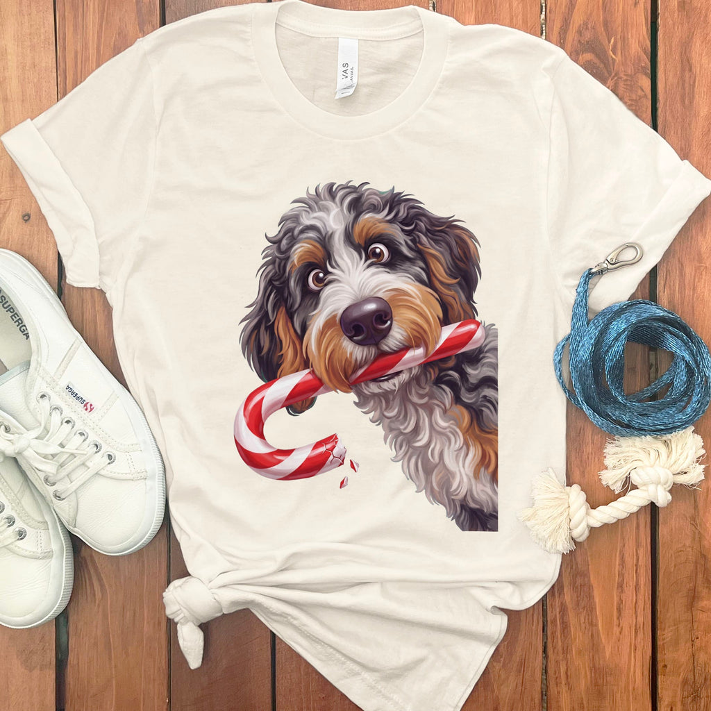 Aussiedoodle Candy Cane Thief T-Shirt in Natural / S by Puppy Jo