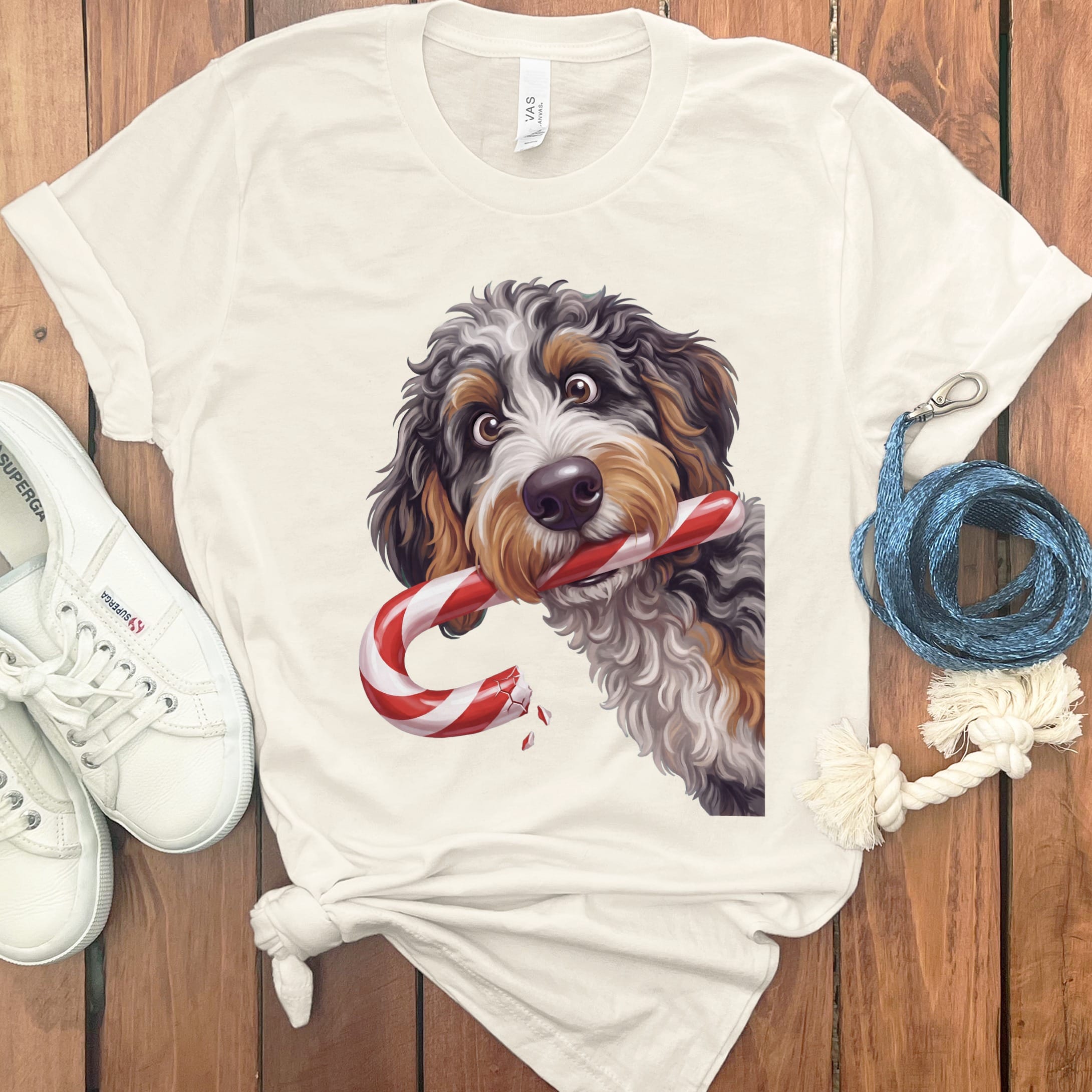 Aussiedoodle Candy Cane Thief T-Shirt in Natural / S by Puppy Jo