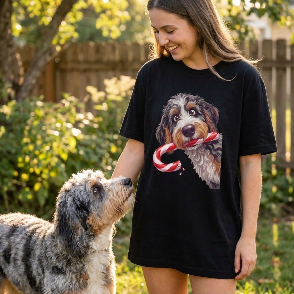 Aussiedoodle Candy Cane Thief T-Shirt in by Puppy Jo