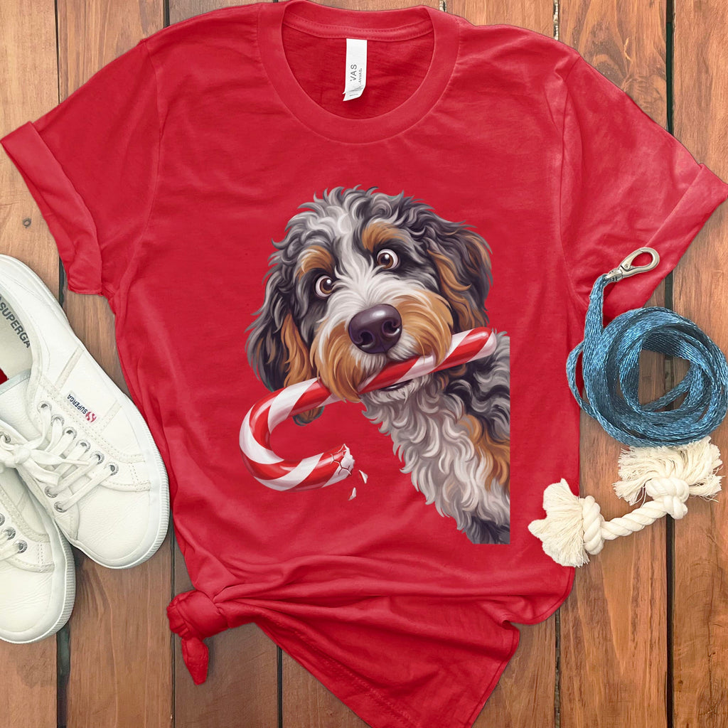 Aussiedoodle Candy Cane Thief T-Shirt in Red / S by Puppy Jo