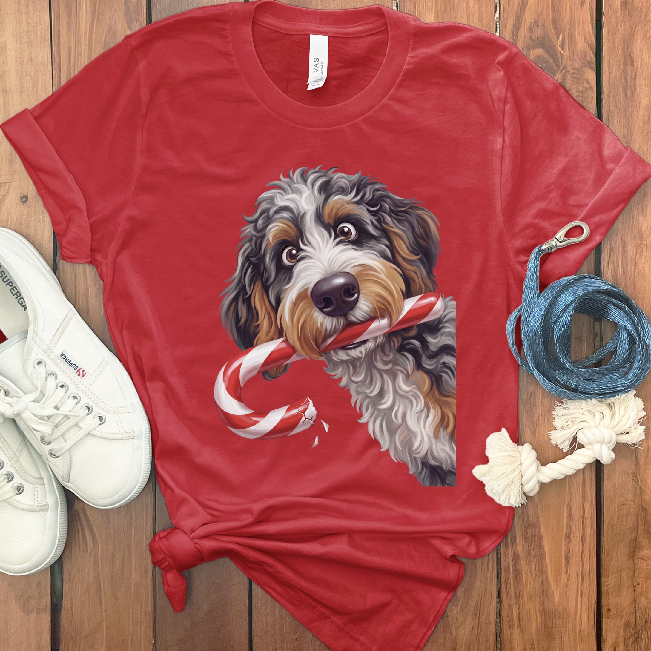 Aussiedoodle Candy Cane Thief T-Shirt in Red / S by Puppy Jo