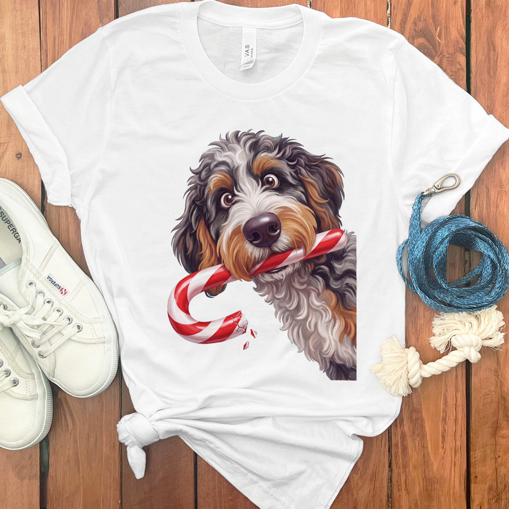 Aussiedoodle Candy Cane Thief T-Shirt in White / S by Puppy Jo