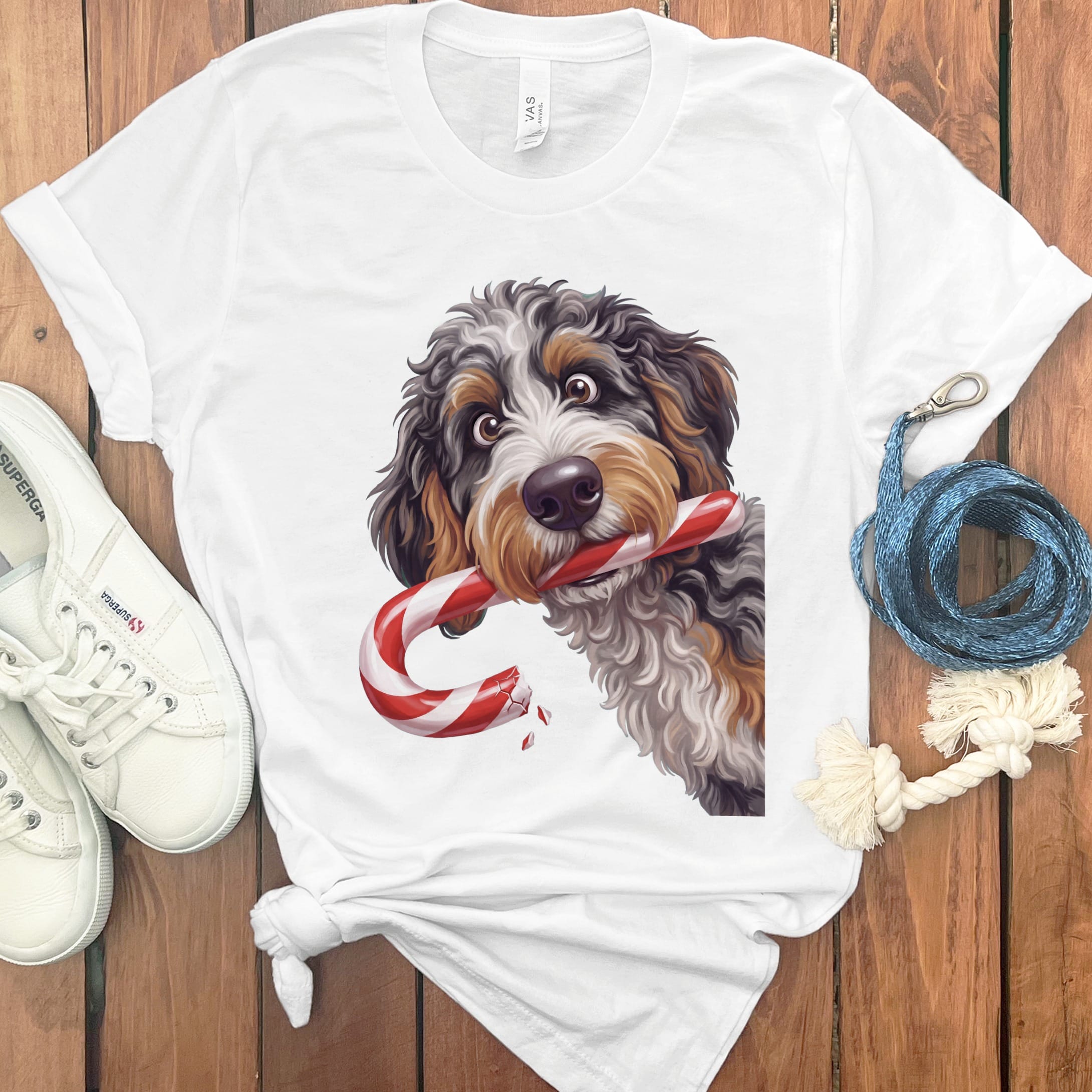 Aussiedoodle Candy Cane Thief T-Shirt in White / S by Puppy Jo