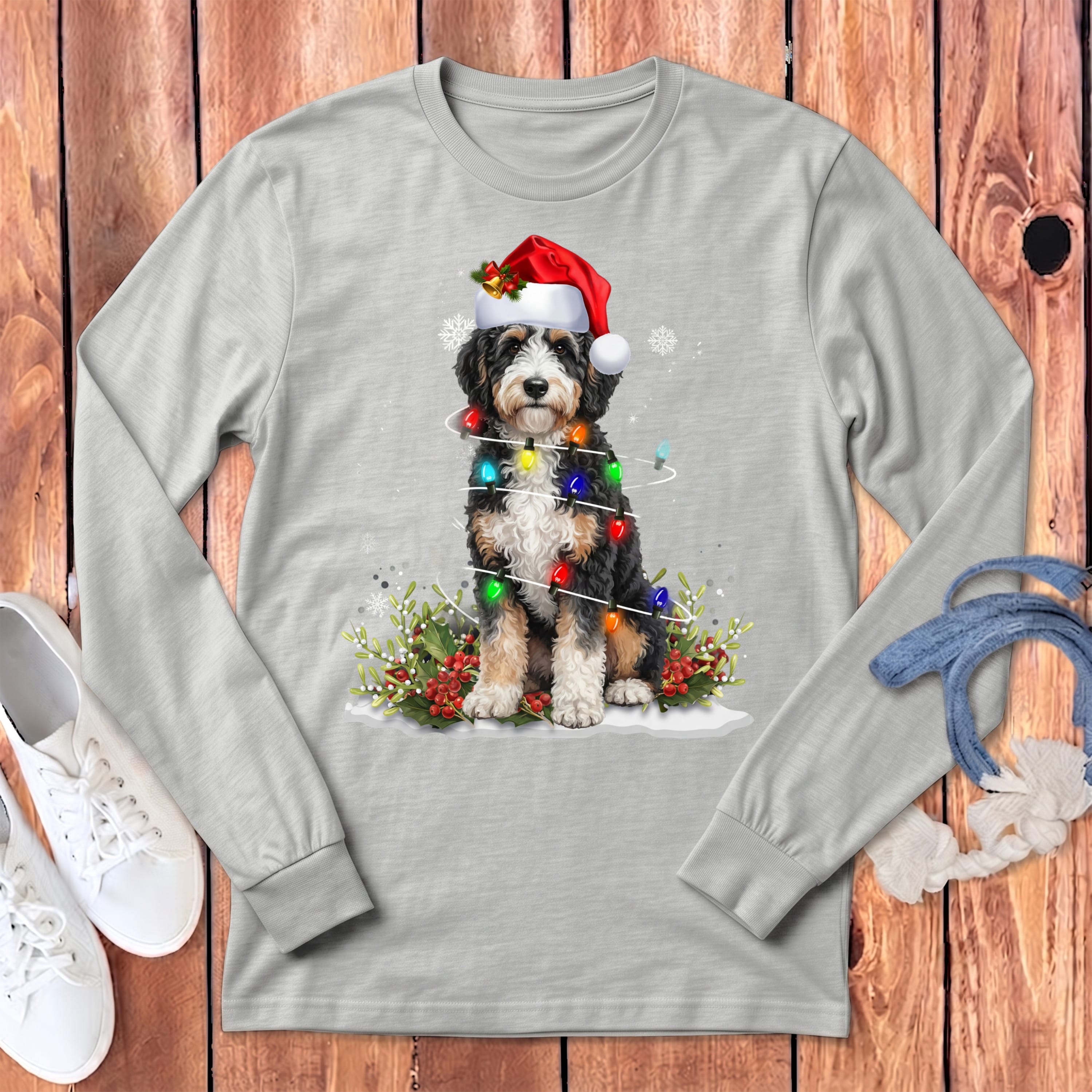 Aussiedoodle Christmas Light Long Sleeve T-Shirt in Athletic Heather / S by Puppy Jo