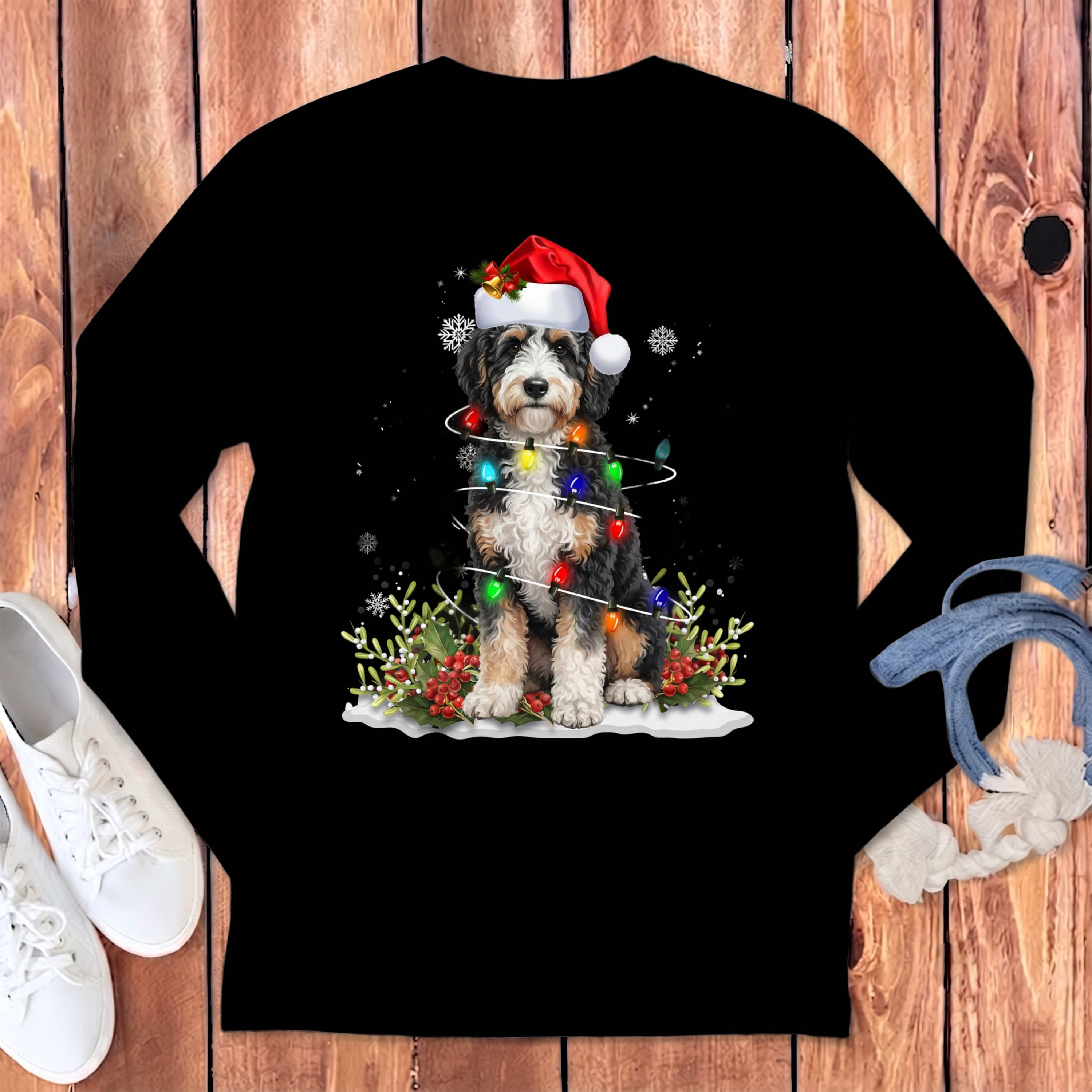 Aussiedoodle Christmas Light Long Sleeve T-Shirt in Black / S by Puppy Jo