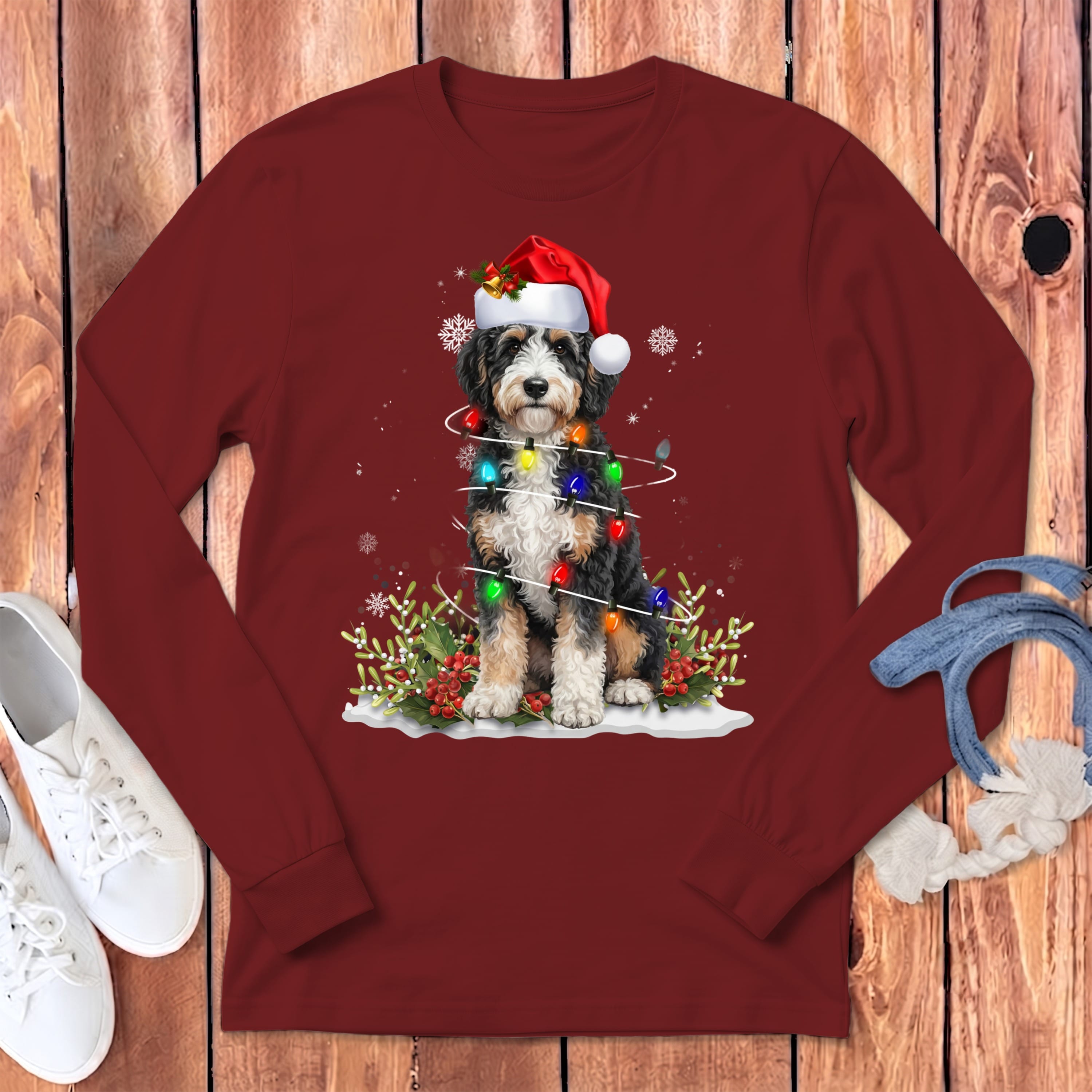 Aussiedoodle Christmas Light Long Sleeve T-Shirt in Cardinal / S by Puppy Jo