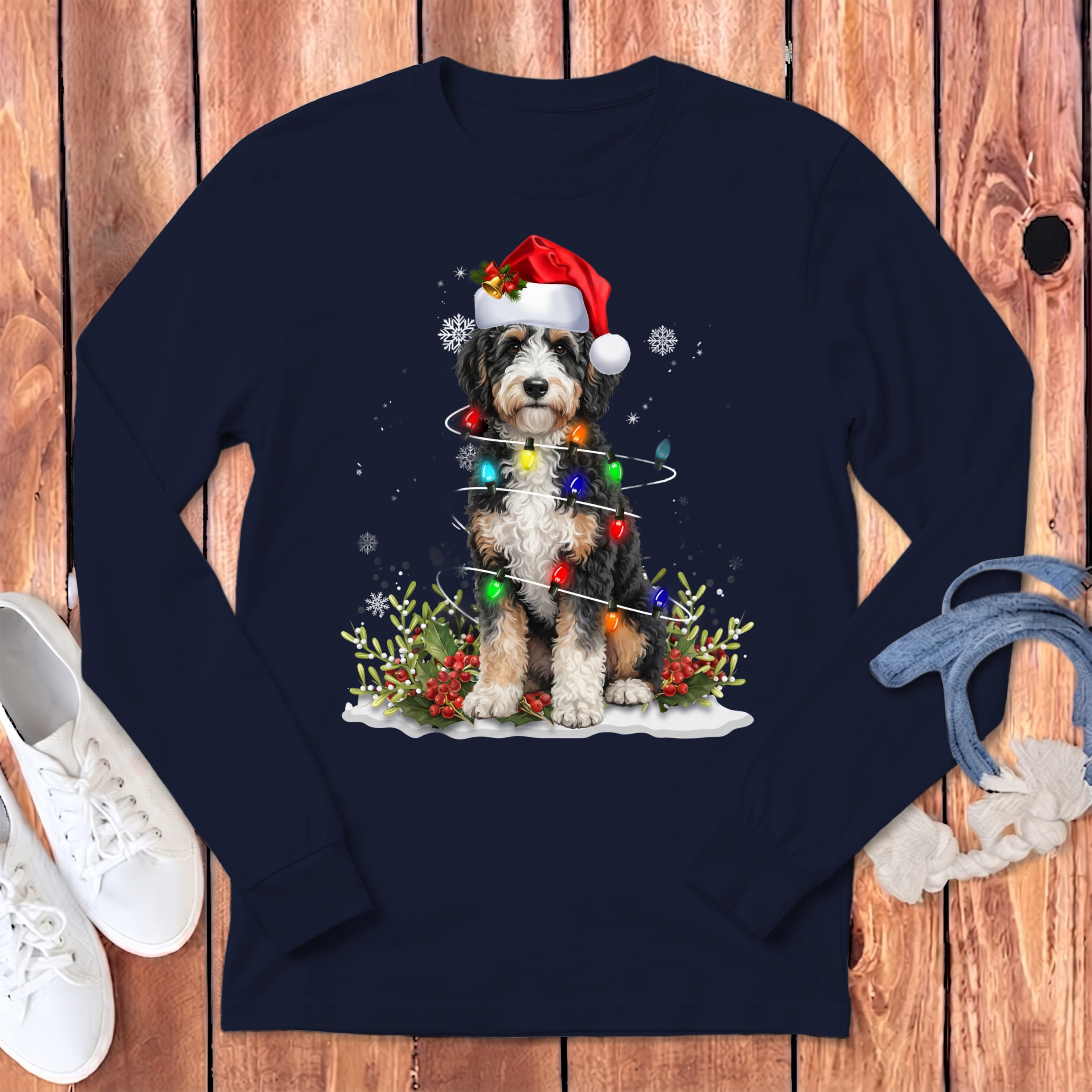 Aussiedoodle Christmas Light Long Sleeve T-Shirt in Navy / S by Puppy Jo
