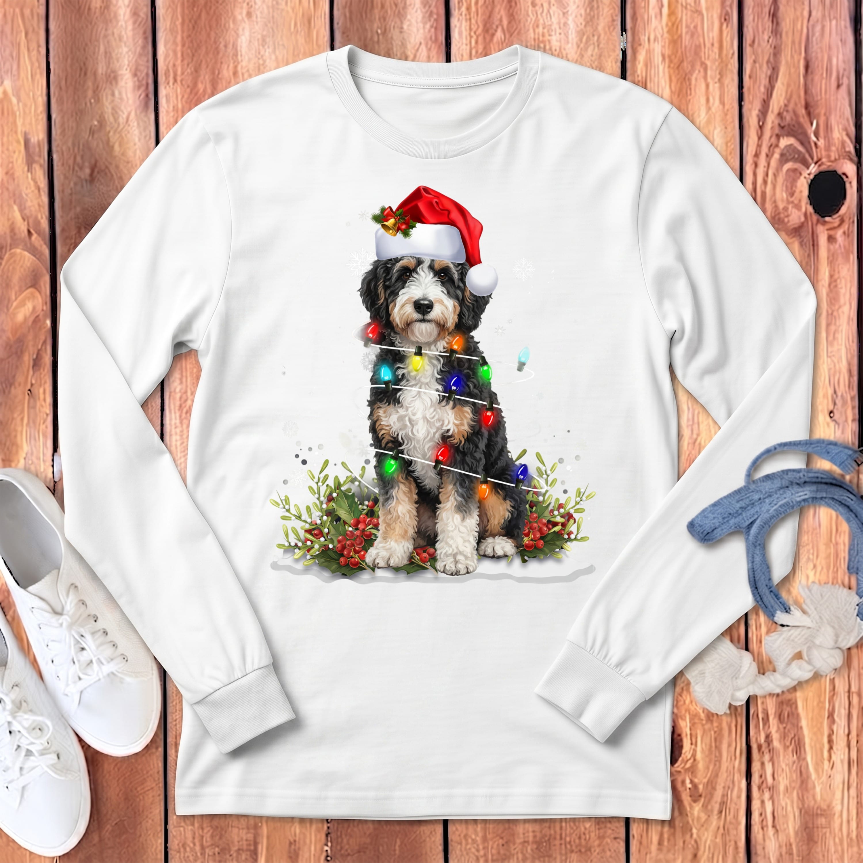 Aussiedoodle Christmas Light Long Sleeve T-Shirt in White / S by Puppy Jo