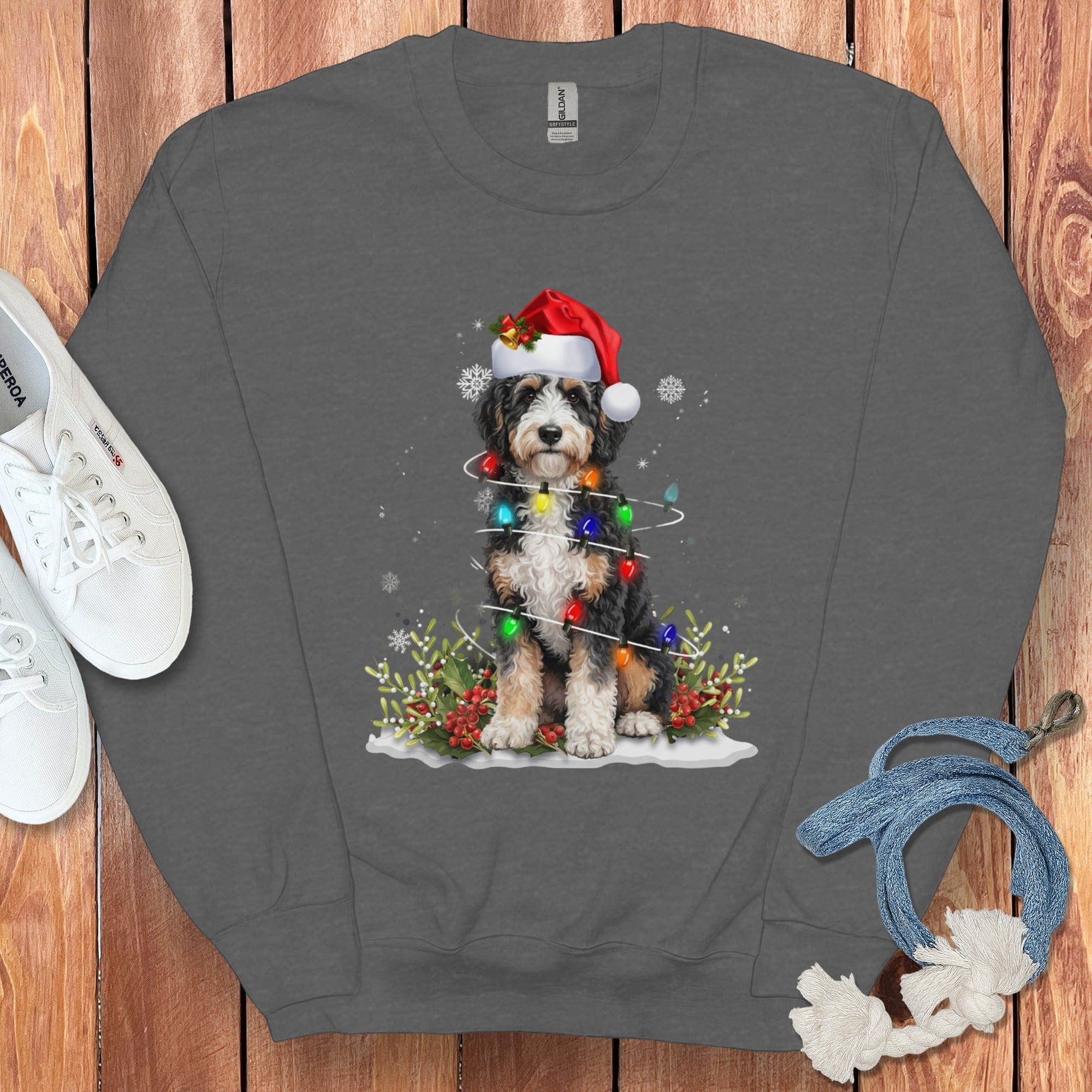 Aussiedoodle Christmas Light Sweatshirt in Dark Heather / S by Puppy Jo