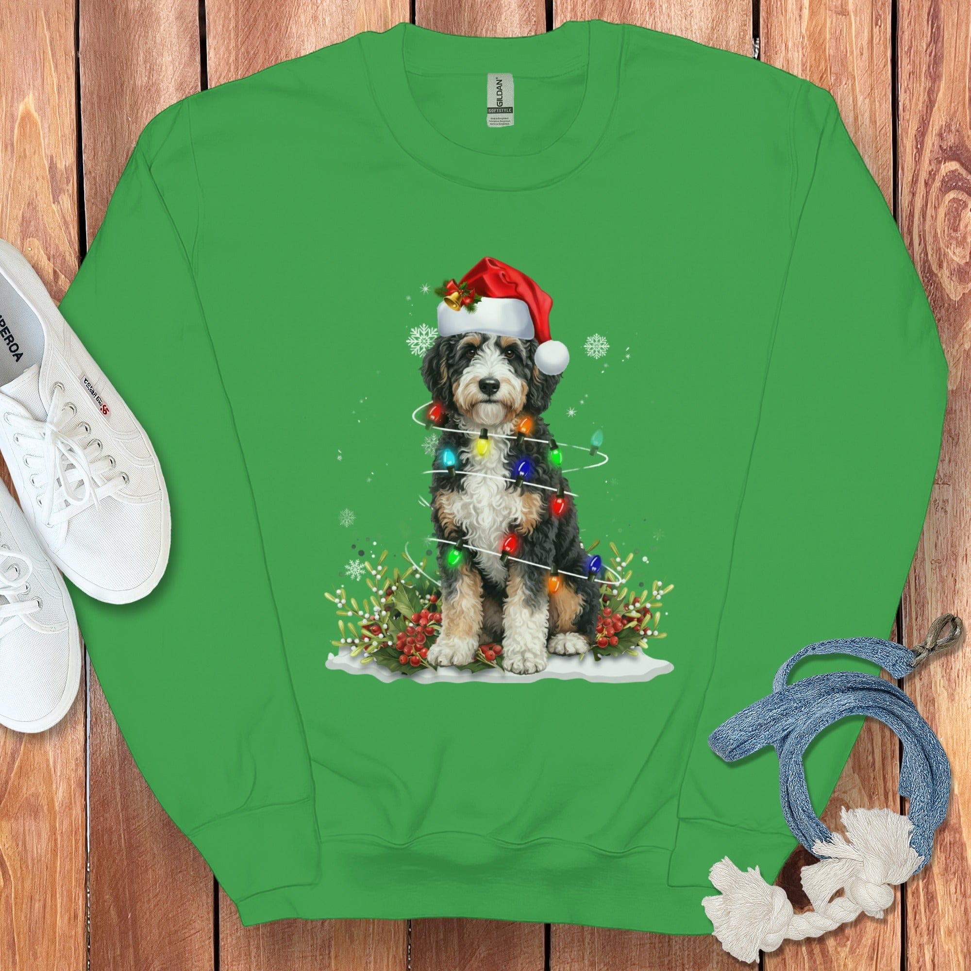 Aussiedoodle Christmas Light Sweatshirt in Irish Green / S by Puppy Jo