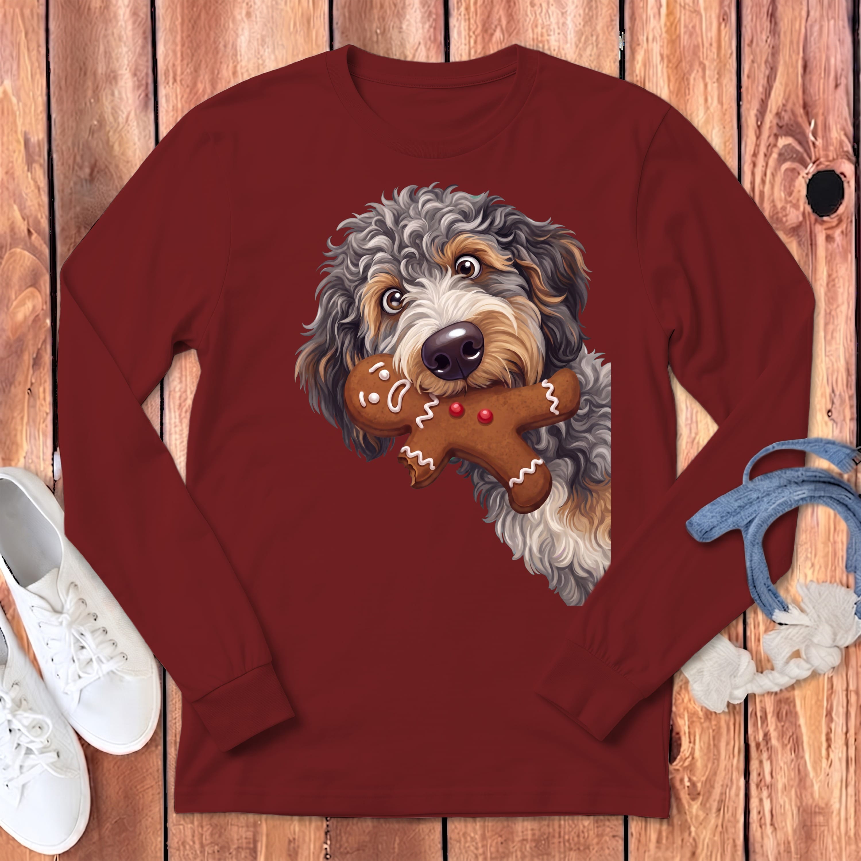 Aussiedoodle Cookie Thief Long Sleeve T-Shirt in Cardinal / S by Puppy Jo
