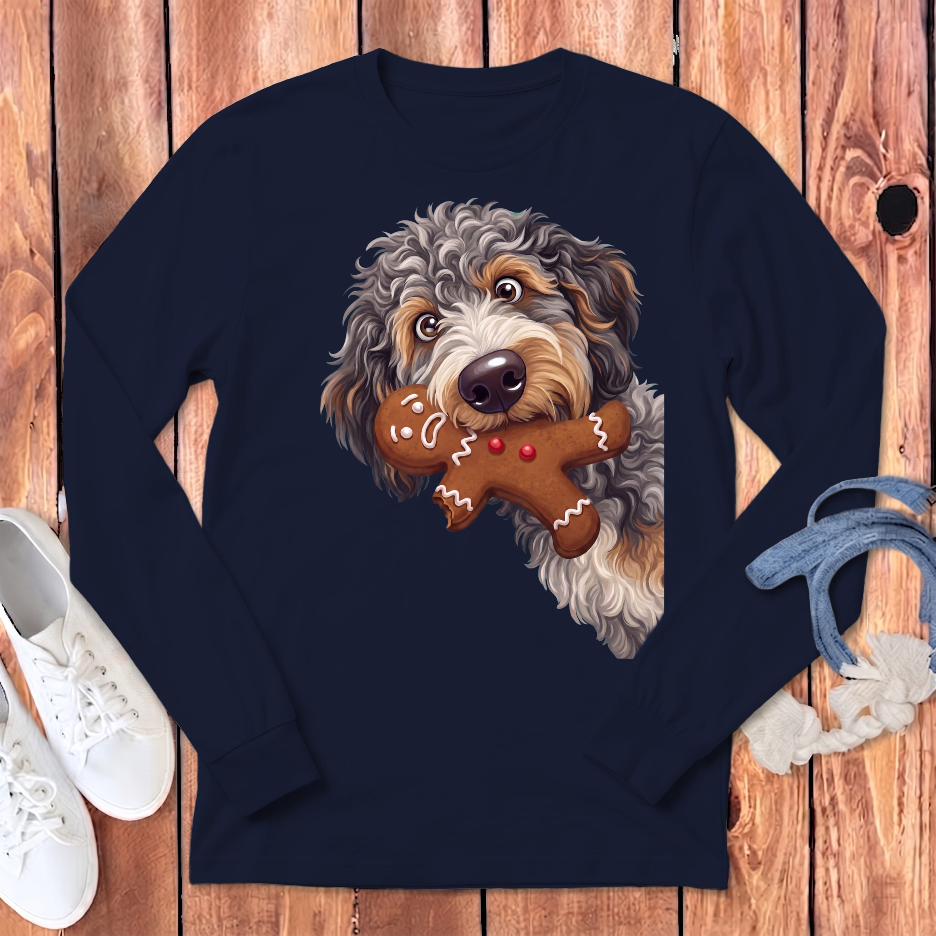 Aussiedoodle Cookie Thief Long Sleeve T-Shirt in Navy / S by Puppy Jo