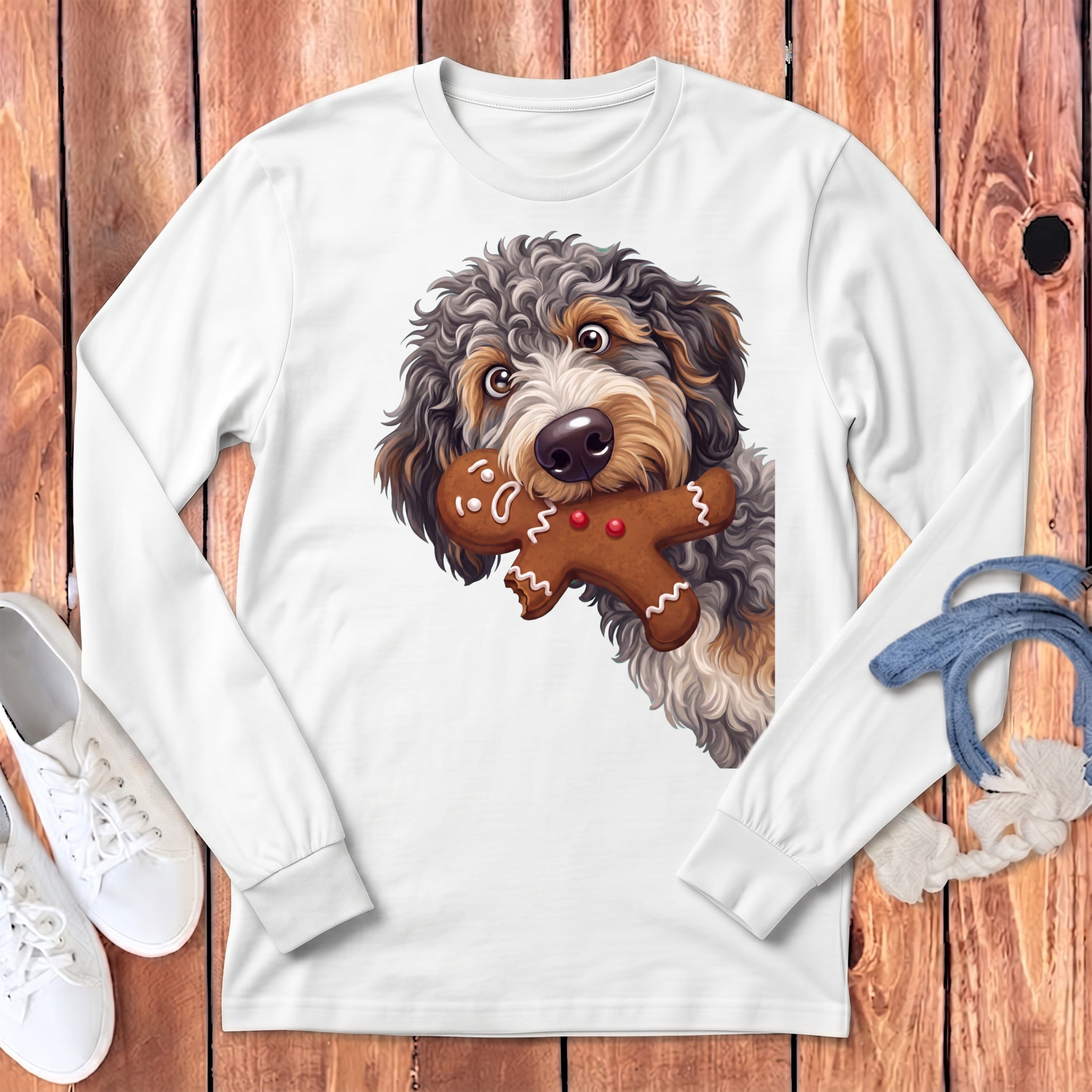 Aussiedoodle Cookie Thief Long Sleeve T-Shirt in White / S by Puppy Jo