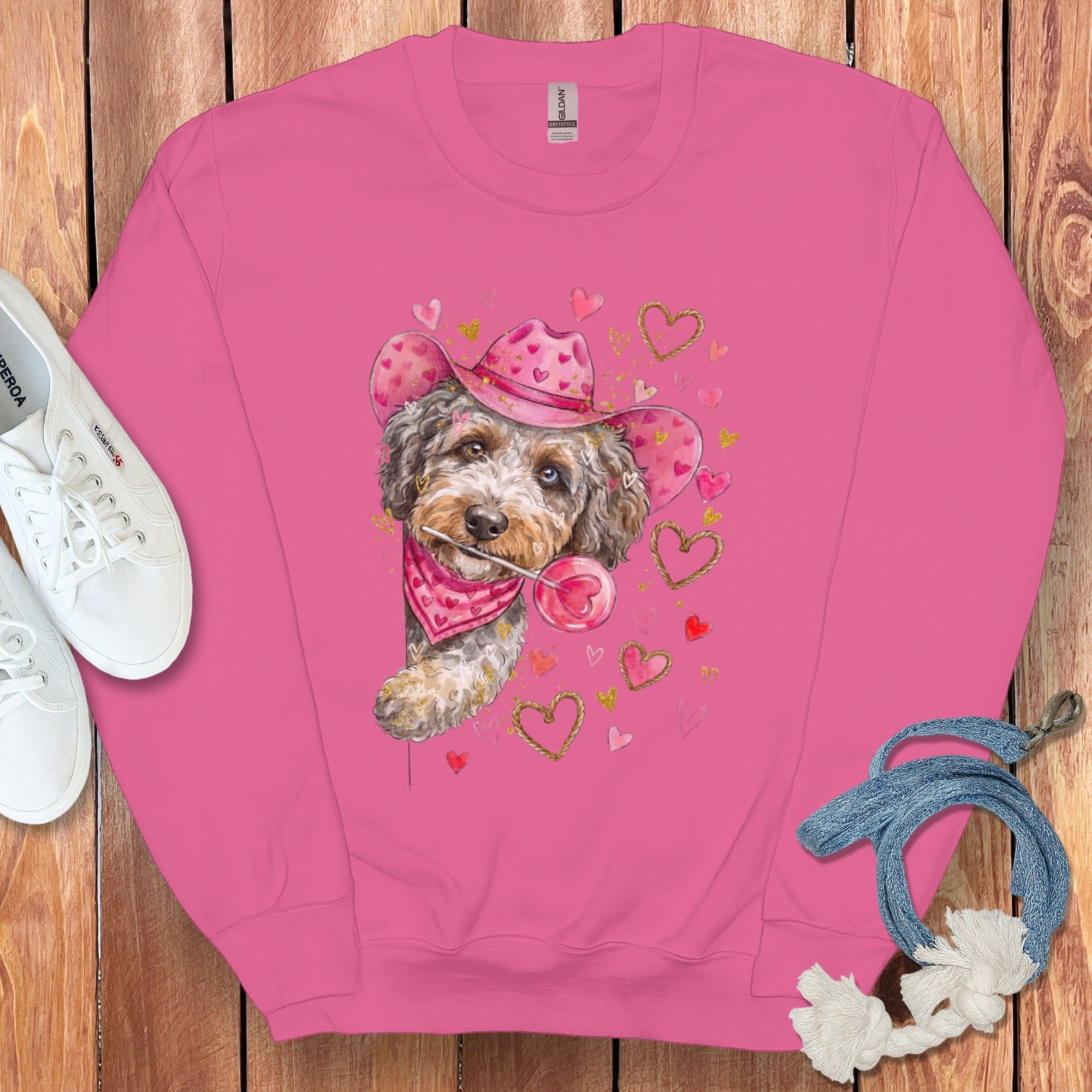 Aussiedoodle Cowboy Valentine Sweatshirt in Heliconia / S by Puppy Jo