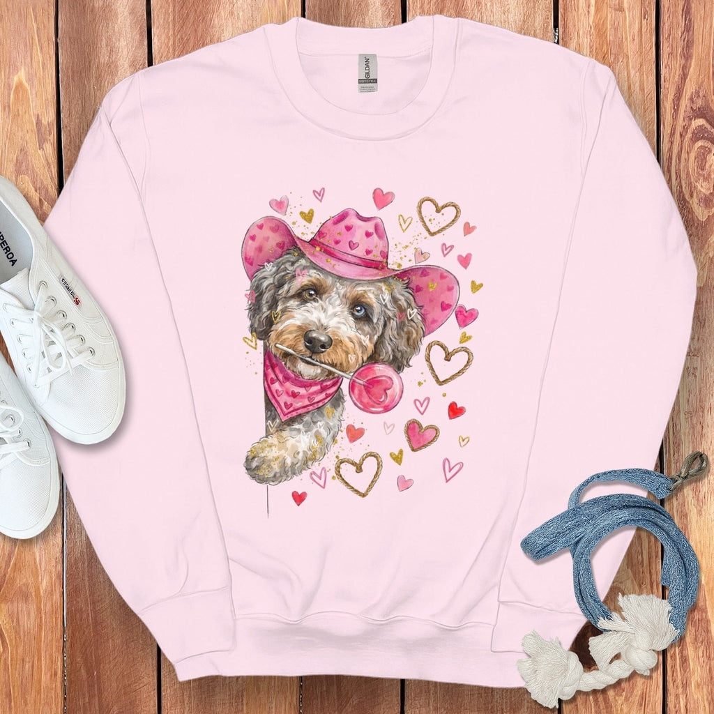 Aussiedoodle Cowboy Valentine Sweatshirt in Light Pink / S by Puppy Jo