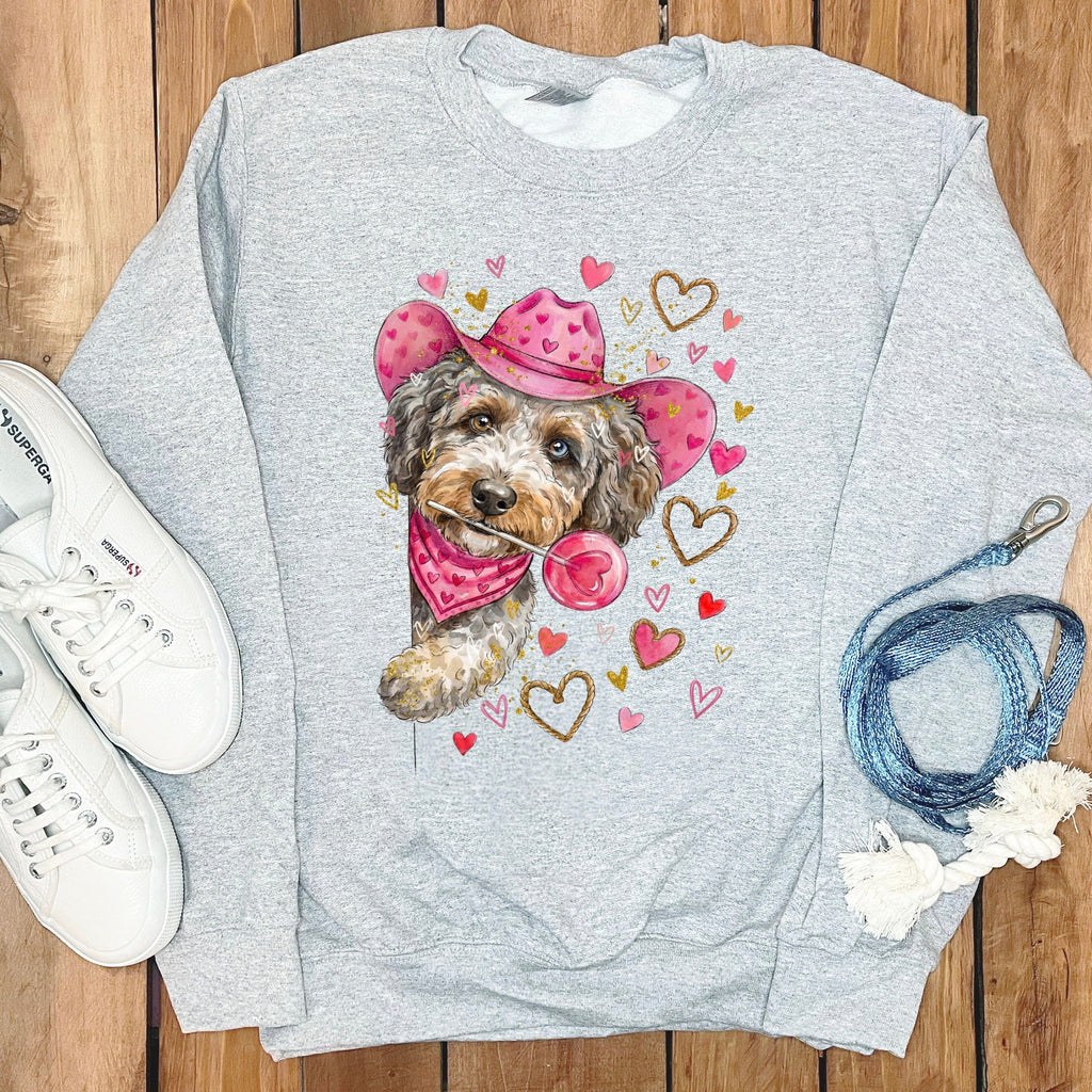 Aussiedoodle Cowboy Valentine Sweatshirt in Sport Grey / S by Puppy Jo