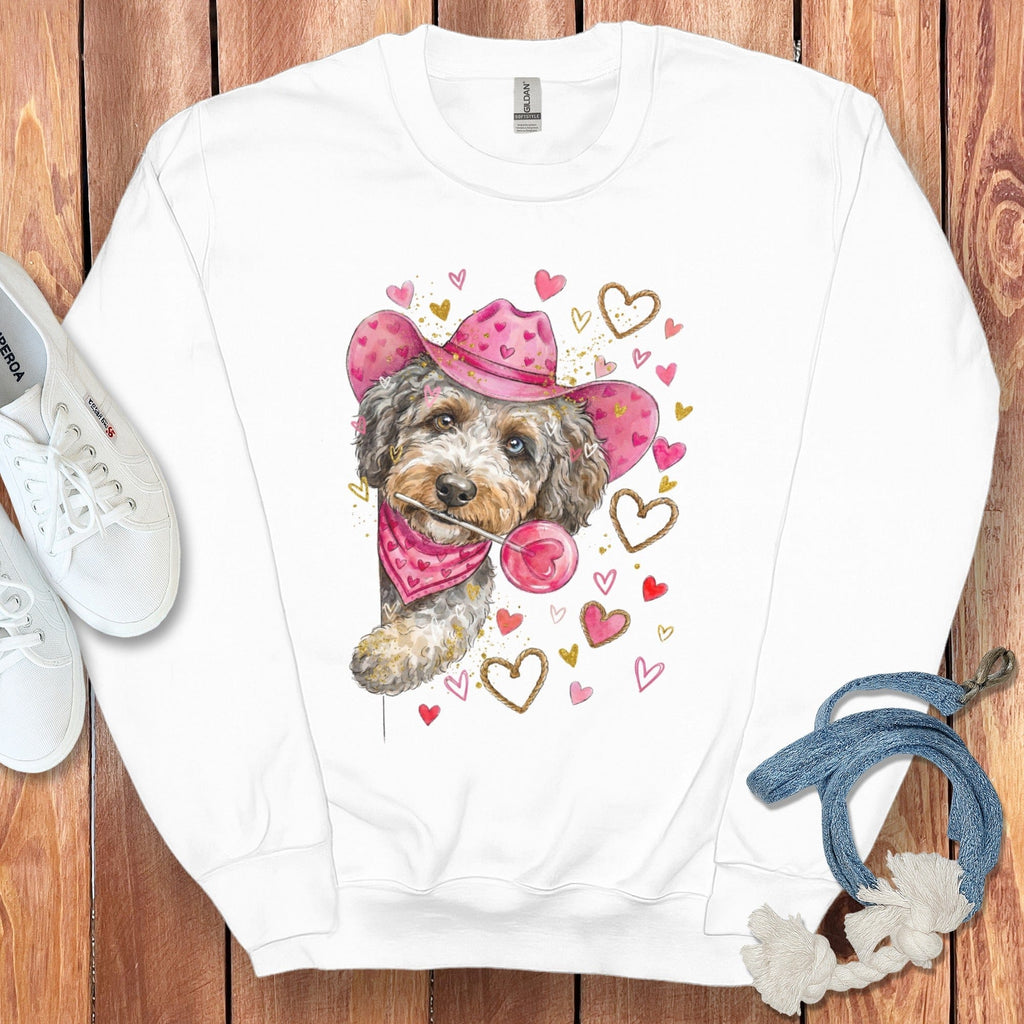 Aussiedoodle Cowboy Valentine Sweatshirt in White / S by Puppy Jo
