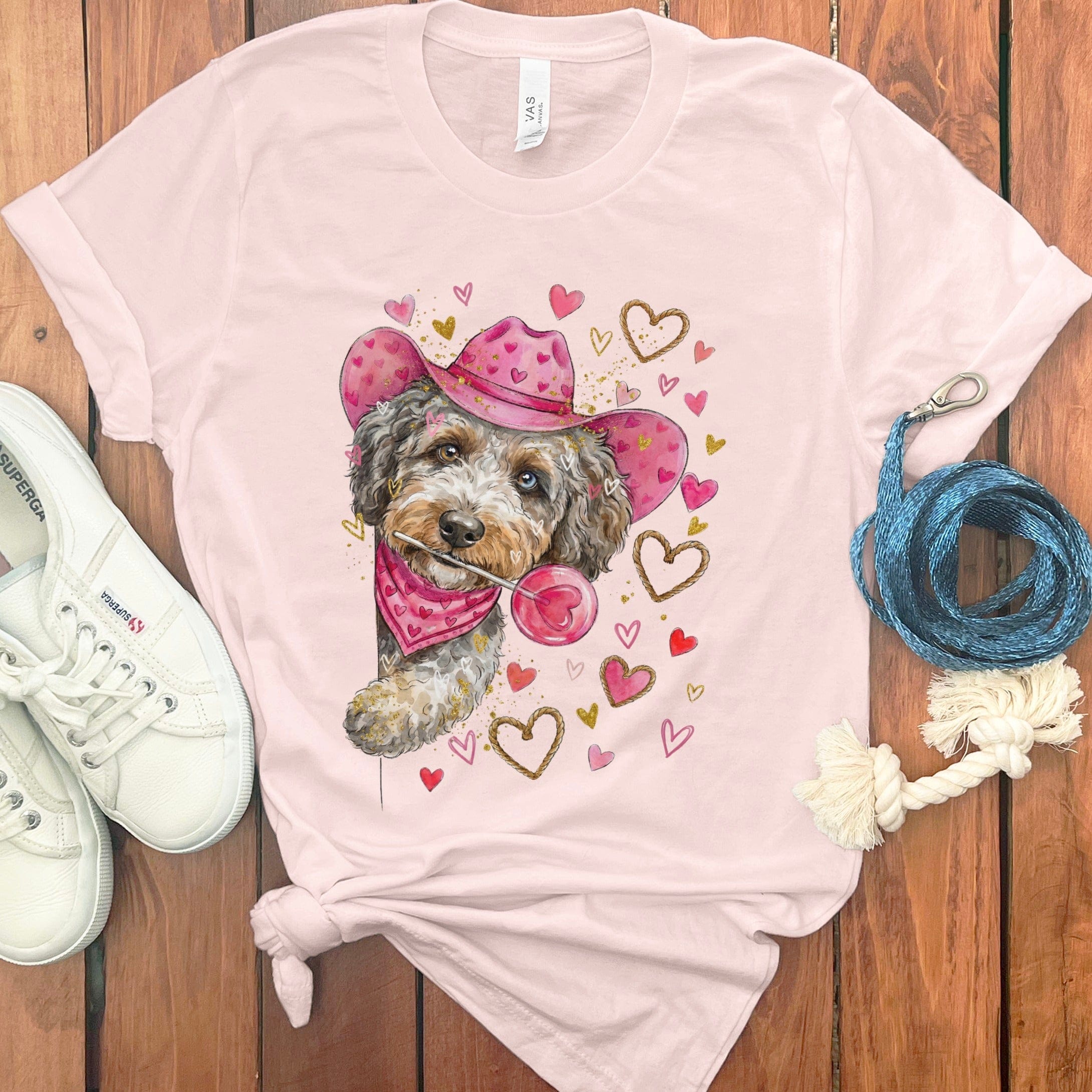 Aussiedoodle Cowboy Valentine T-Shirt in Soft Pink / S by Puppy Jo