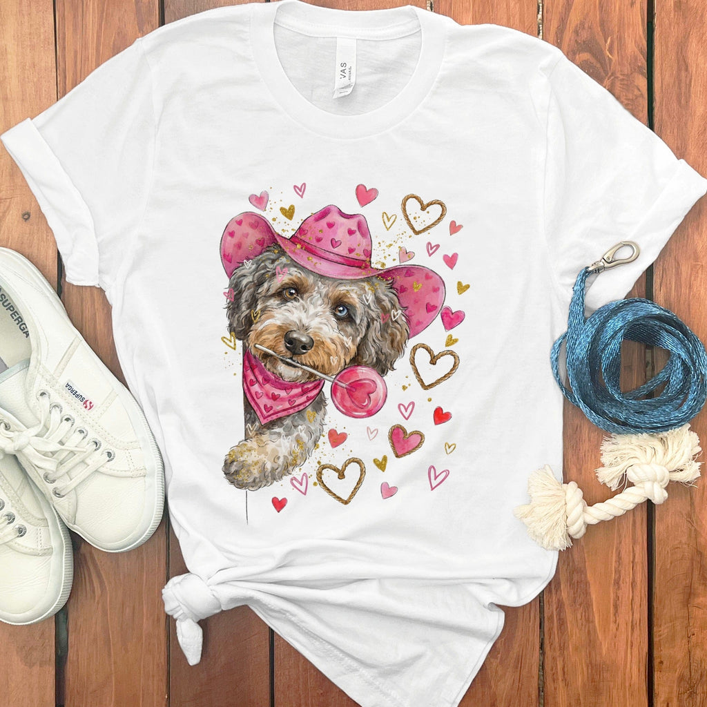 Aussiedoodle Cowboy Valentine T-Shirt in White / S by Puppy Jo