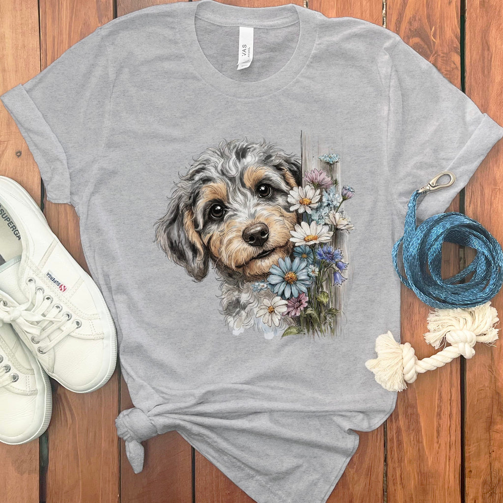 Aussiedoodle Daisy Peeking T-Shirt in Athletic Heather / S by Puppy Jo